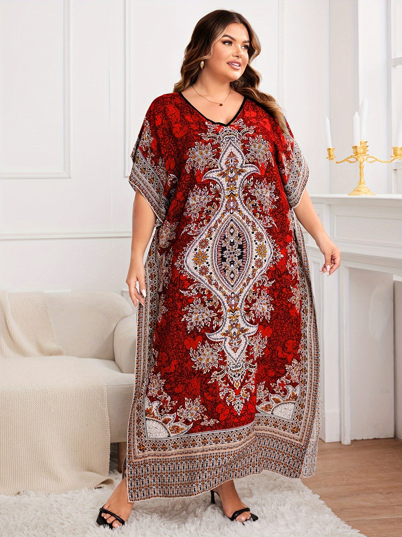 Plus Size, European and American Plus Size Women's Bohemian Vacation Dress with Middle Eastern Kaftan Abaya Style