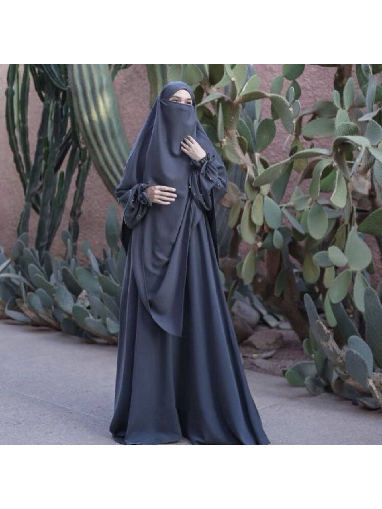 New Cross-Border Middle East Solid Color Women's Robe Pearl Sleeves Jilbaab Dress Abaya Two-Piece Set Long Headscarf P555