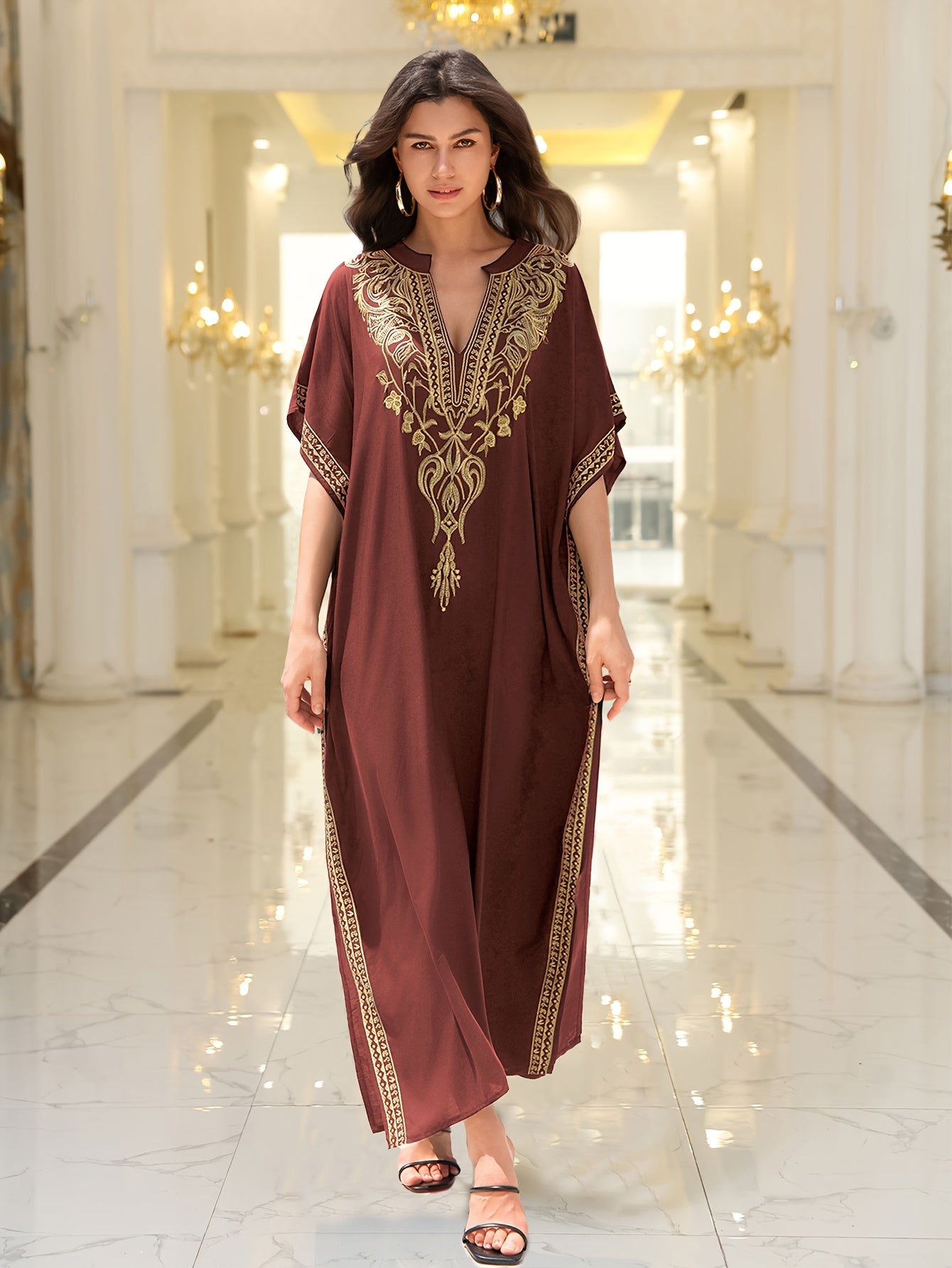 Long Robe Golden Embroidered Vacation Robe Kaftan Dress V-neck Beach Cover Shirt Kaftan
