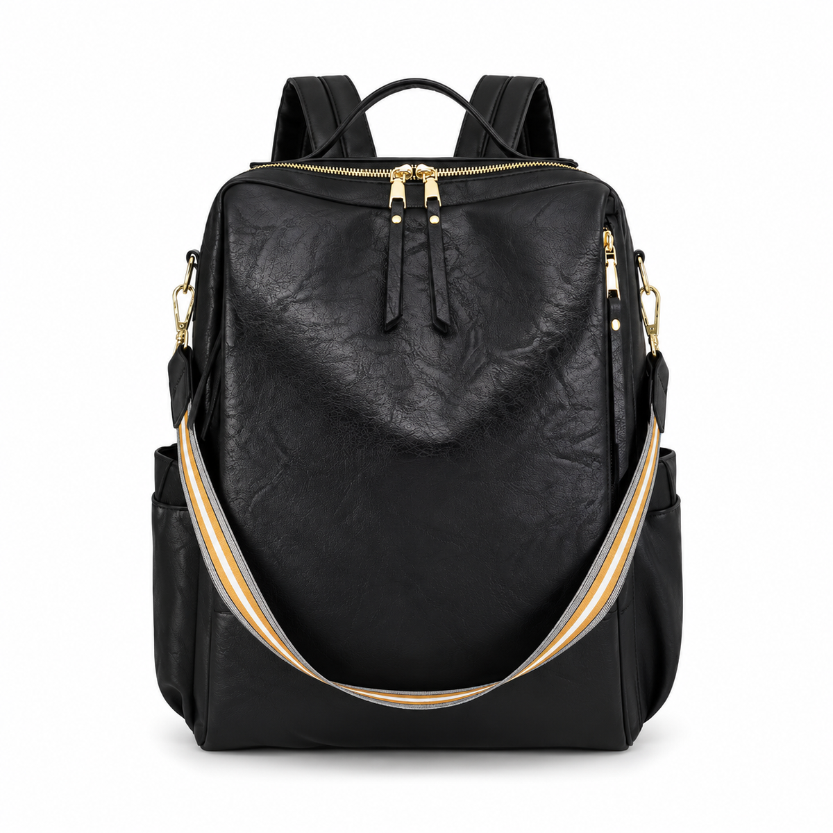 Black Textured Backpack With Striped Strap