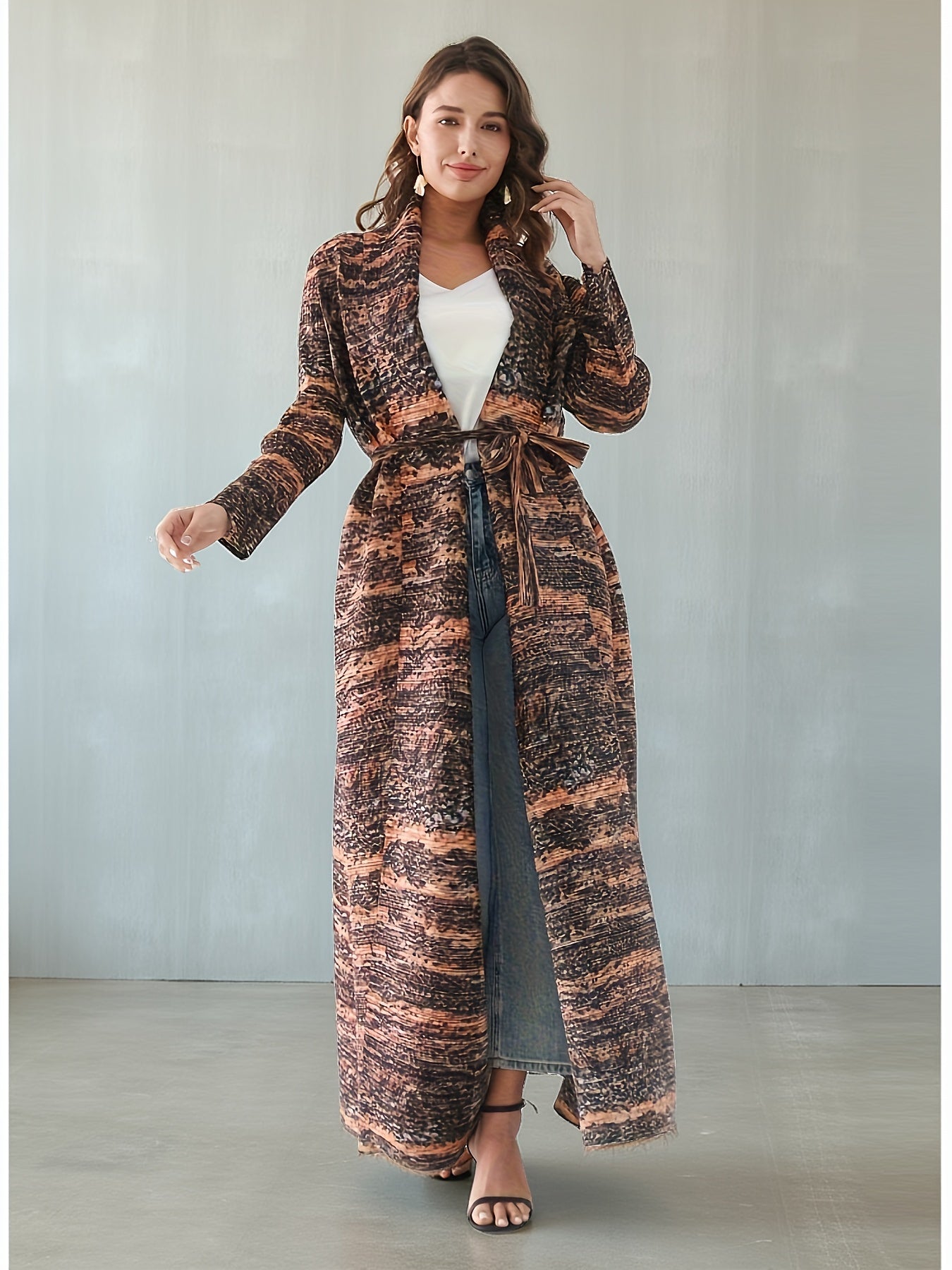 Printed Sleeveless Long Robe Abaya with Leopard Print, Pleated Detailing & Adjustable Waist Belt - Machine Washable Mid-Stretch Fabric for All-Season Wear, Versatile Outerwear, Flowing Silhouette