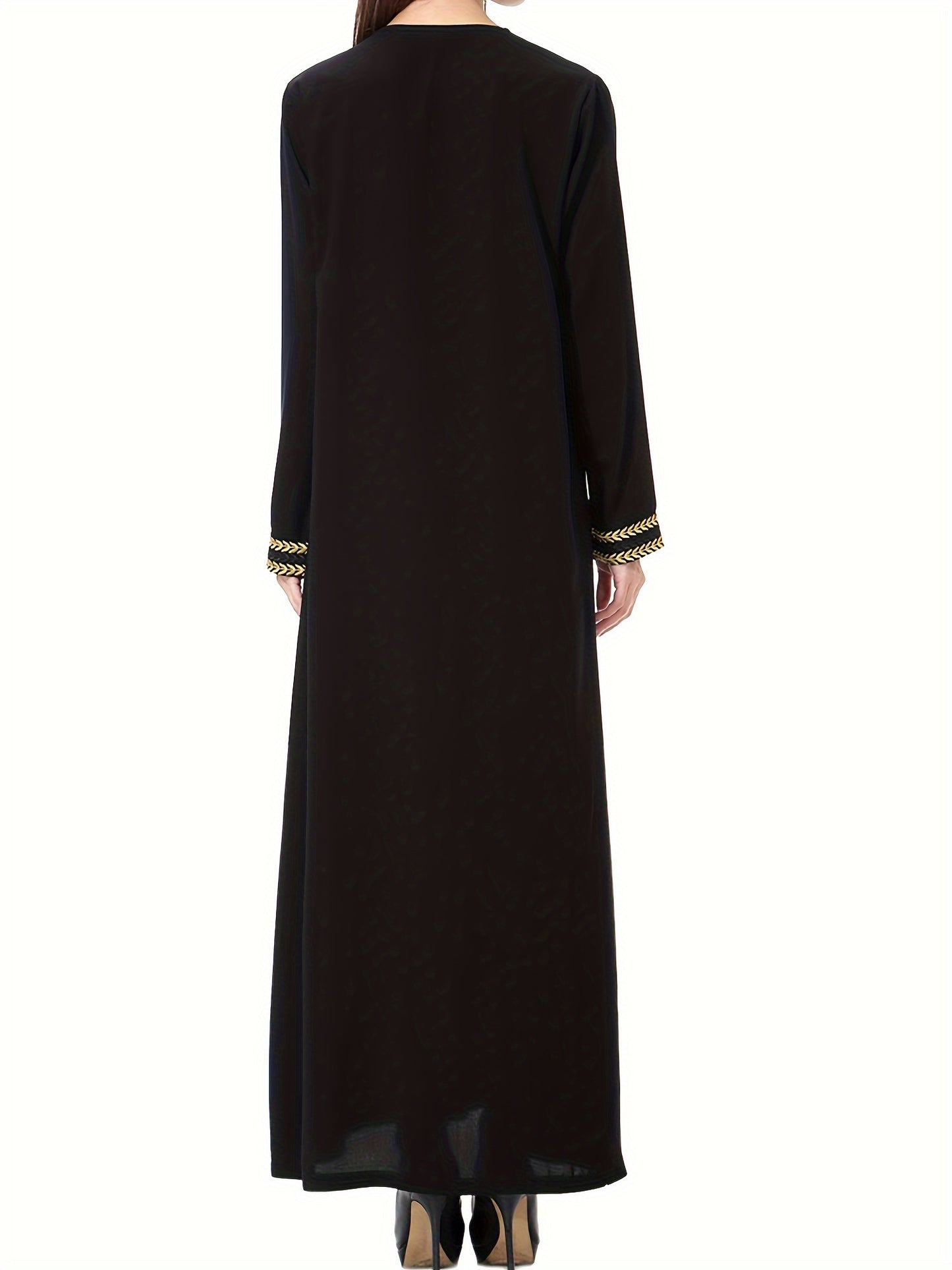 Navy Blue Muslim Kaftan Dress | Elegant Jibab Abaya, Golden Embroidery, Sleeve, Loose Fit, Maxi Length, Hijab-Friendly Design, All-Season Wear