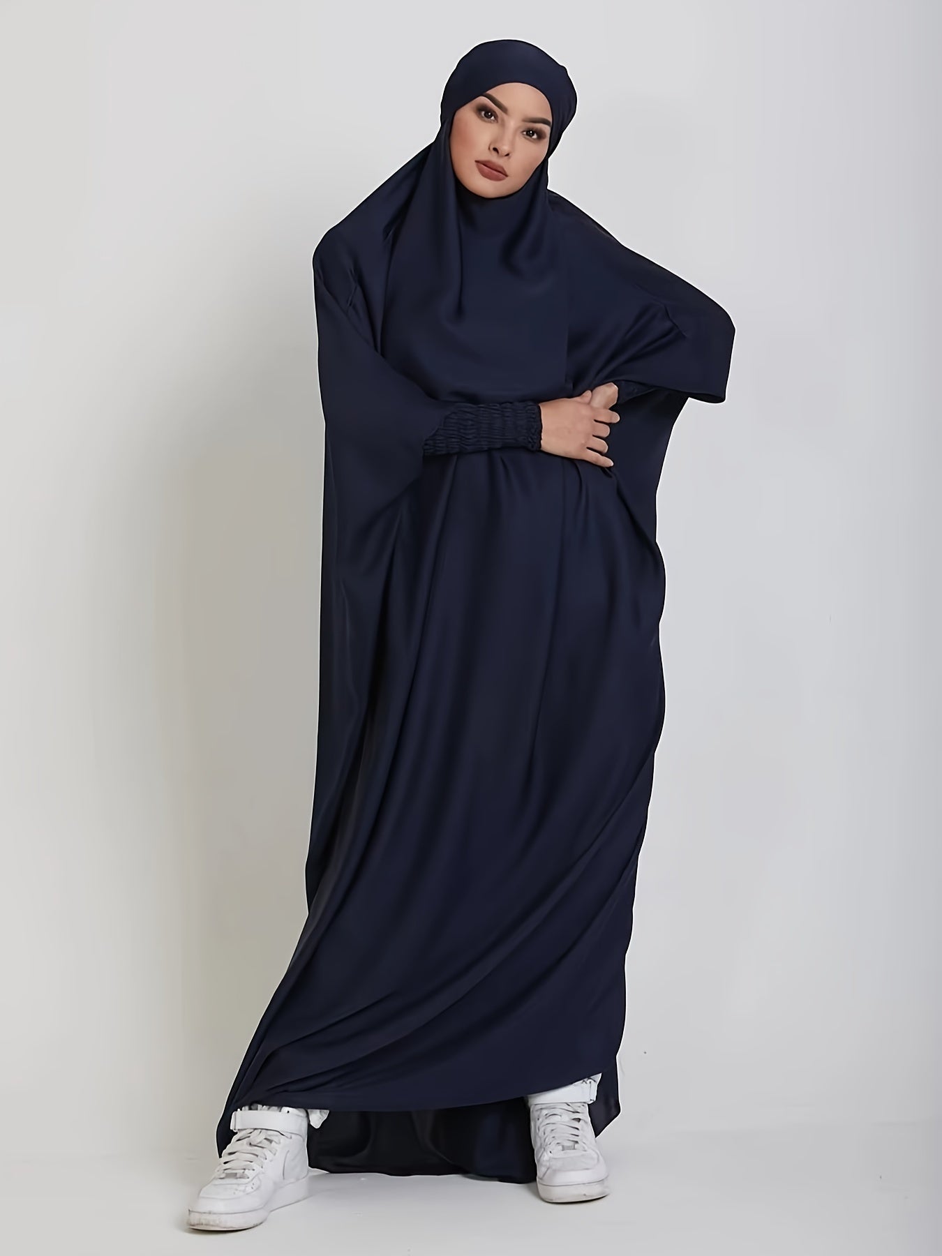 Long Sleeve Solid Color Jibab Abaya - Women's Traditional Arabian Polyester Robe with Tie Back, 95% Polyester 5% Elastane, 135g/m² - Muslim Nida Hijab Dress