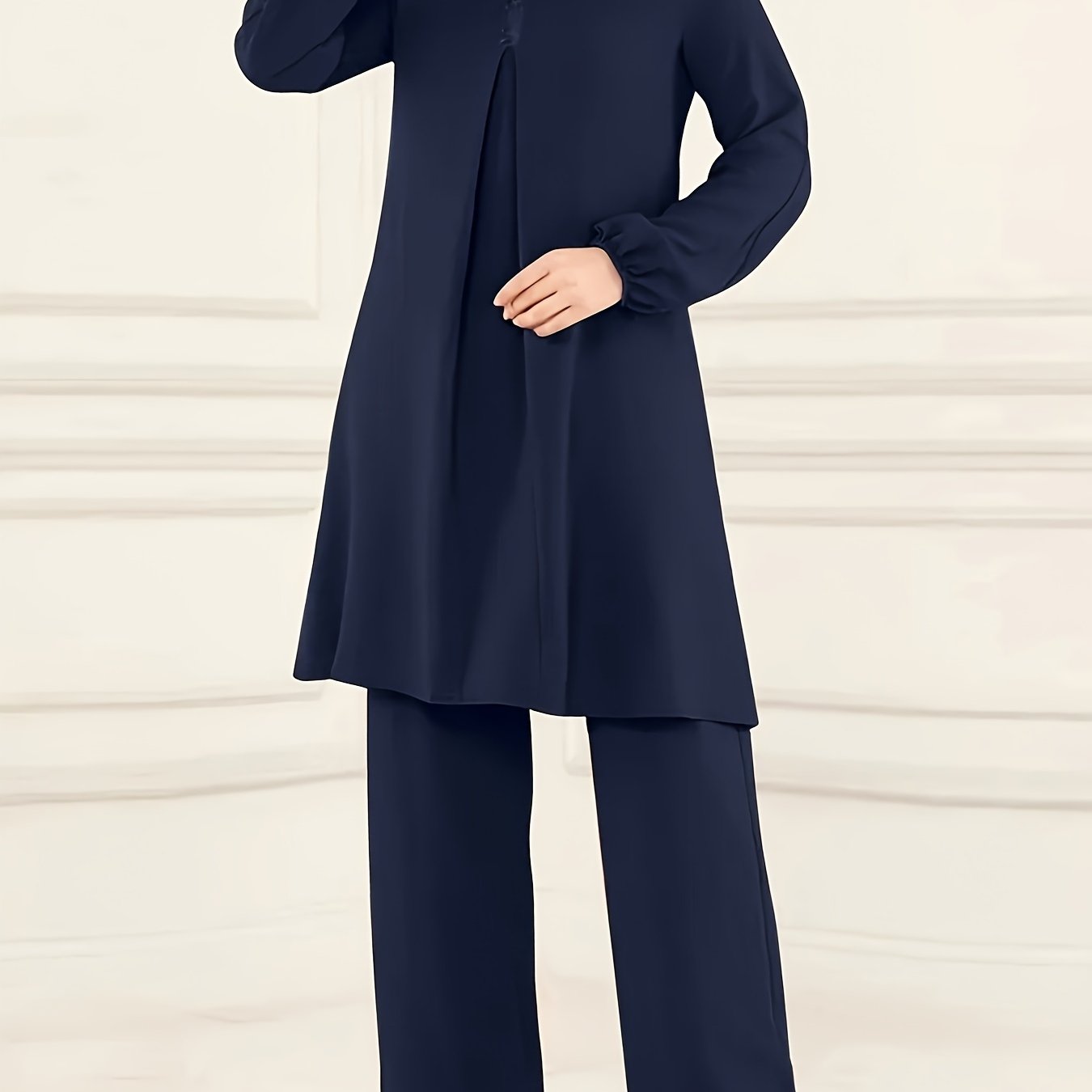 Ramadan Elegant Pure Muslim Two Piece Set, Long Sleeve Round Neck Top and straight-leg Pants Jilbaab Outfits, Women Clothing