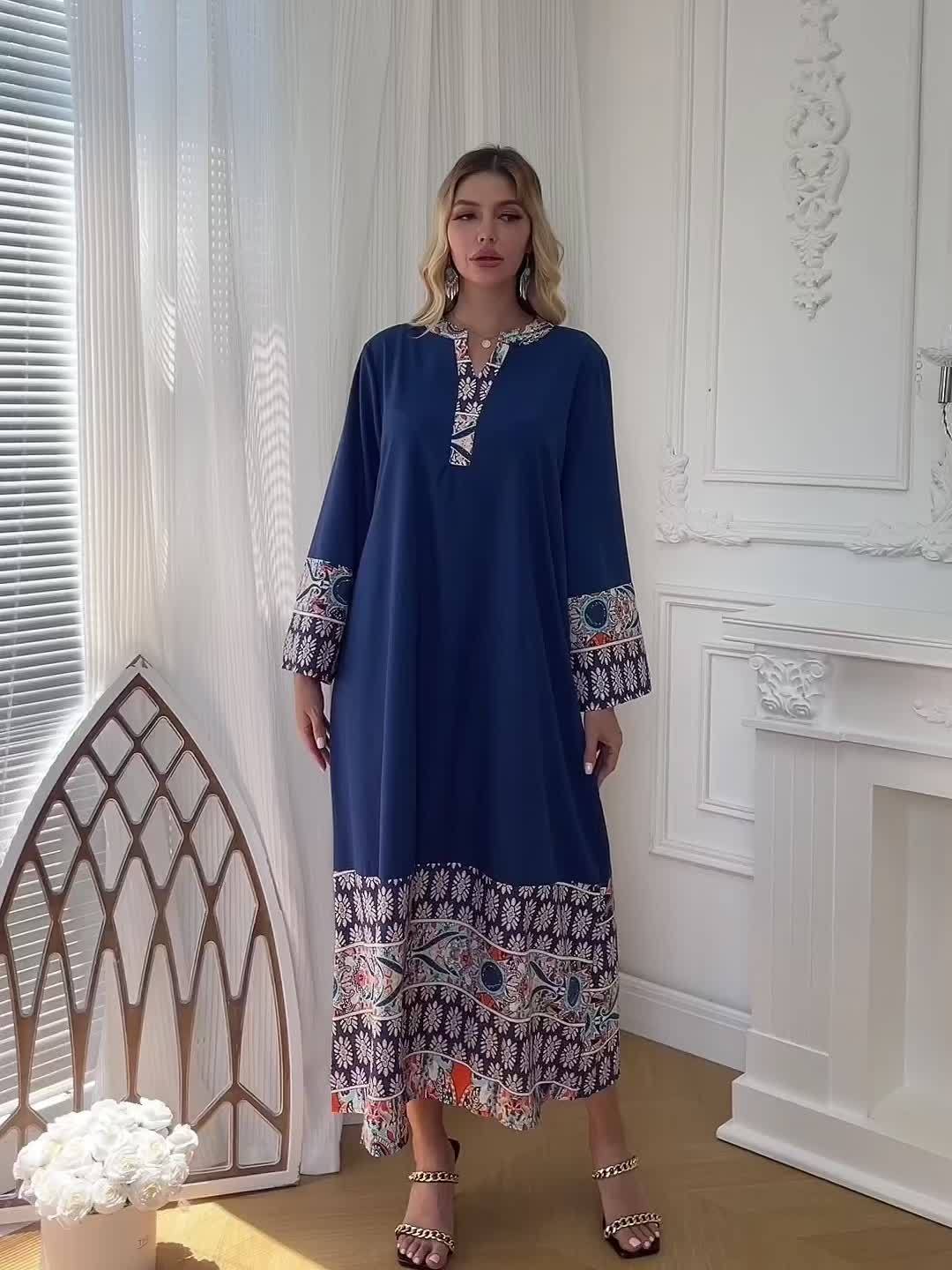 Elegant Muslim Kaftan Abaya Dress | Middle Eastern-Inspired Ethnic Floral Print with Blue/Orange/White/Black, Asymmetrical Hem & Lace Trim, X-Line Silhouette, Adjustable Waist Tie for Modest Women