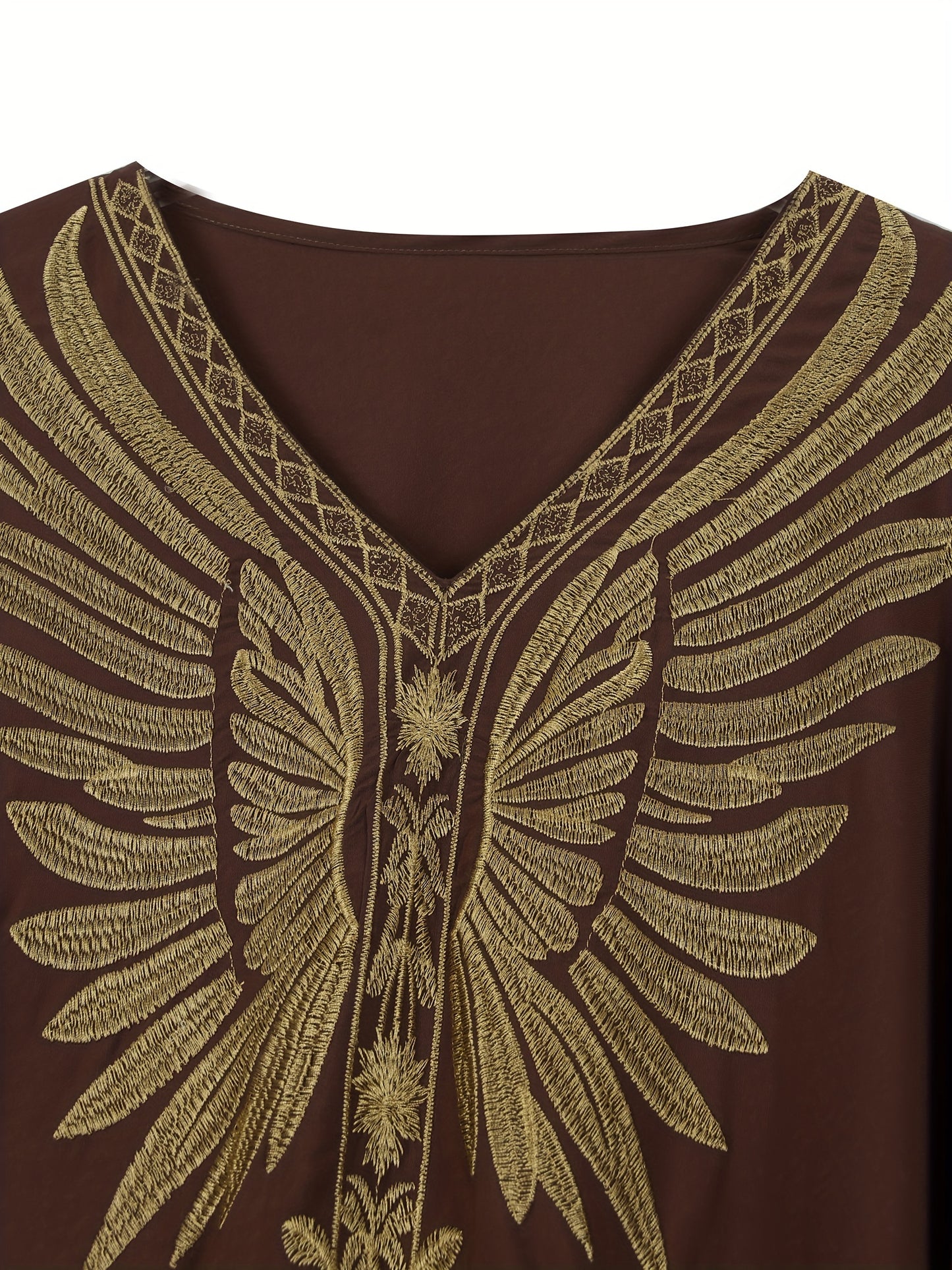 Elegant Plus Size Kaftan Dress with Embroidered Wings - V-Neck, Batwing Sleeves Abaya, Loose Fit Maxi Dress for Women - Suitable for Casual Wear, Parties & Special Occasions - Perfect Gift for Women