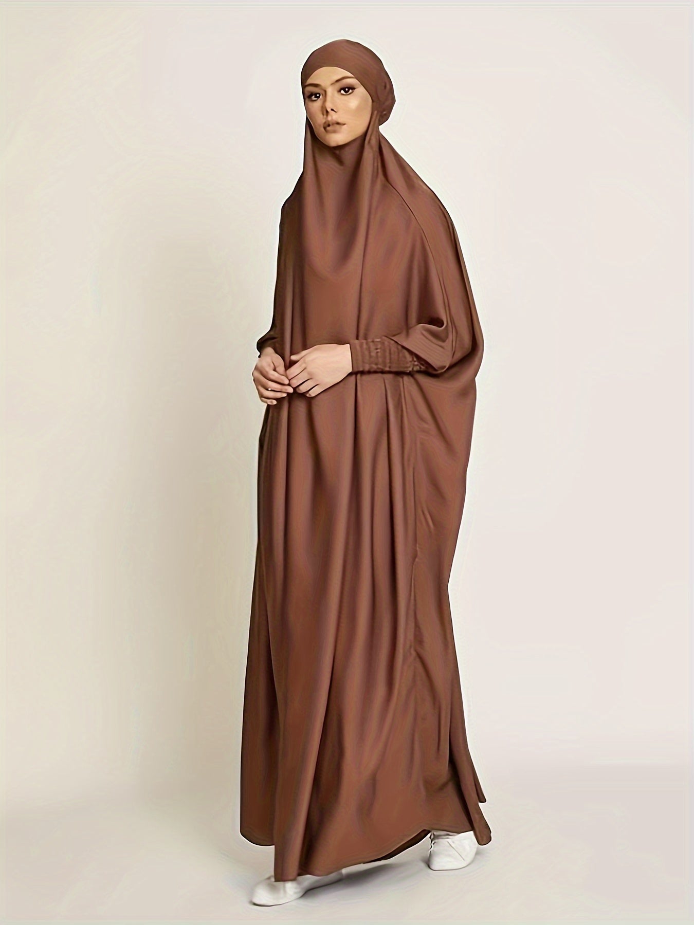 Long Sleeve Solid Color Jibab Abaya - Women's Traditional Arabian Polyester Robe with Tie Back, 95% Polyester 5% Elastane, 135g/m² - Muslim Nida Hijab Dress