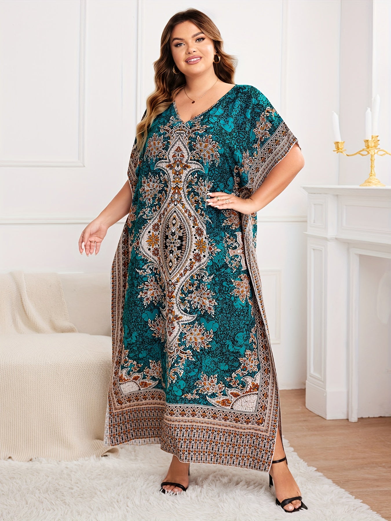 Plus Size, European and American Plus Size Women's Bohemian Vacation Dress with Middle Eastern Kaftan Abaya Style