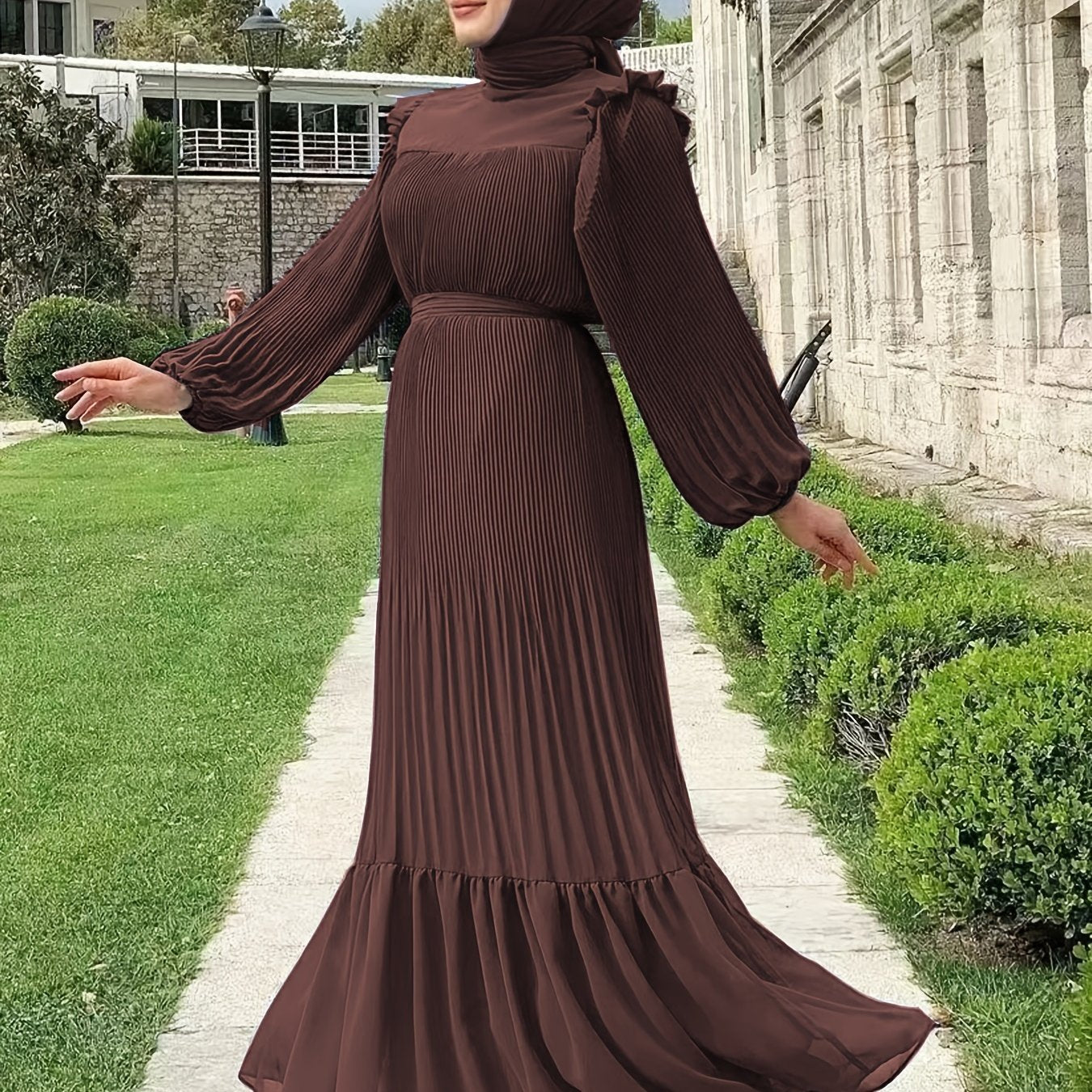 Women's Middle Eastern Muslim Baju Abaya Dress - Modest Long Sleeve Ruffled Hem Solid Color Traditional Dress with Belt, Machine Washable All-Season Casual Wear, Modest Apparel | Soft Texture