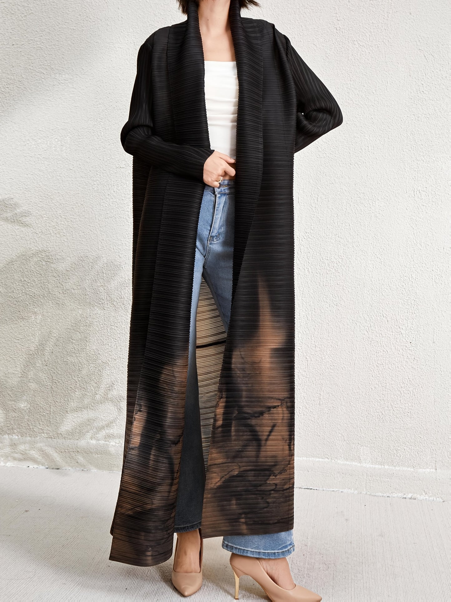 Women's Plus Size Geometric Print Long Sleeve Abaya Dress - Black & White Pleated Cardigan with Belt, Casual Loose-Fit Maxi Wrap for All Seasons