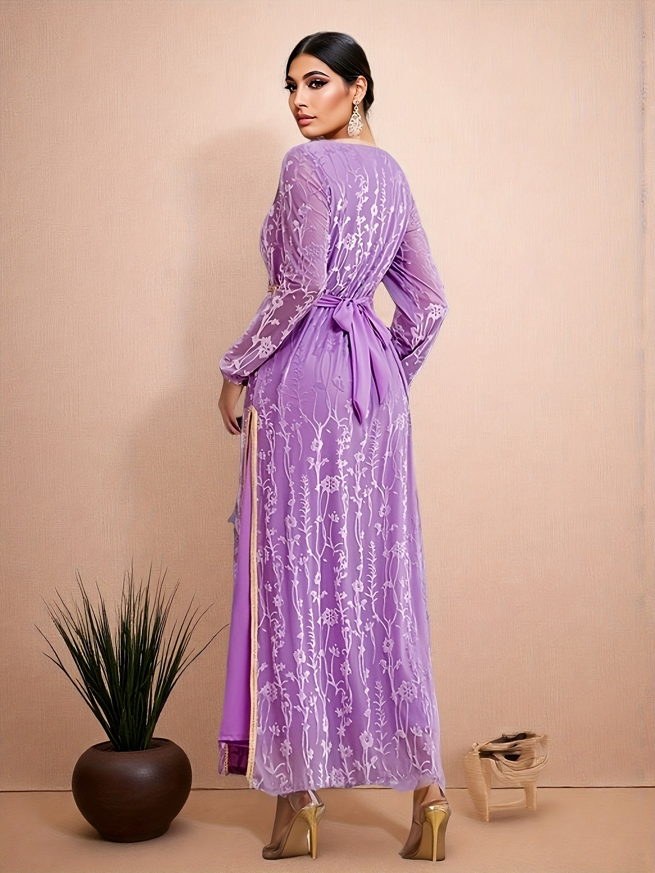 Elegant Women's Emirati Abaya Dress - Long Sleeve, Lace Detailing, Belted Waist, Flowing Design, Solid Purple, Perfect for Spring/Summer Casual Wear, Cultural Fashion, Elegant Attire | Flowing Abaya
