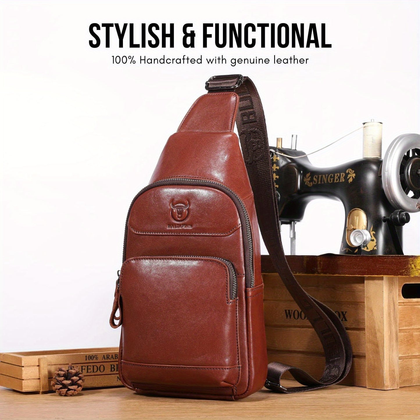 Genuine Leather Sling Bag for Men & Women - Stylish Crossbody Chest Bag with Multiple Compartments, Adjustable Strap & Earphone Hole
