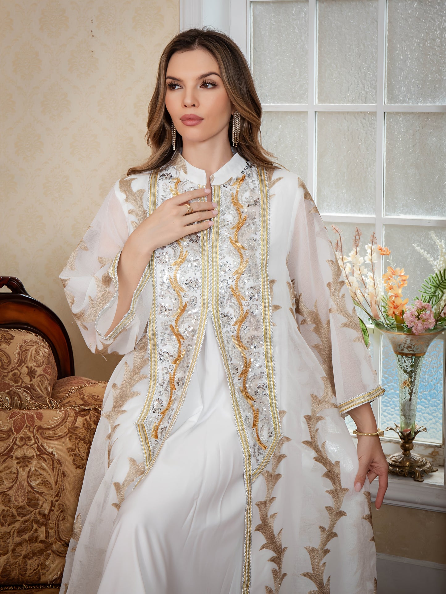 New Sequin Abaya Dress, Middle Eastern High-end Elegant Pure Muslim Two-piece Set, Fashionable and Comfortable Design, Suitable for Daily Wear, INS Middle Muslim Embroidered Long Robe Abaya Light Luxury Evening Dress Two-piece Set