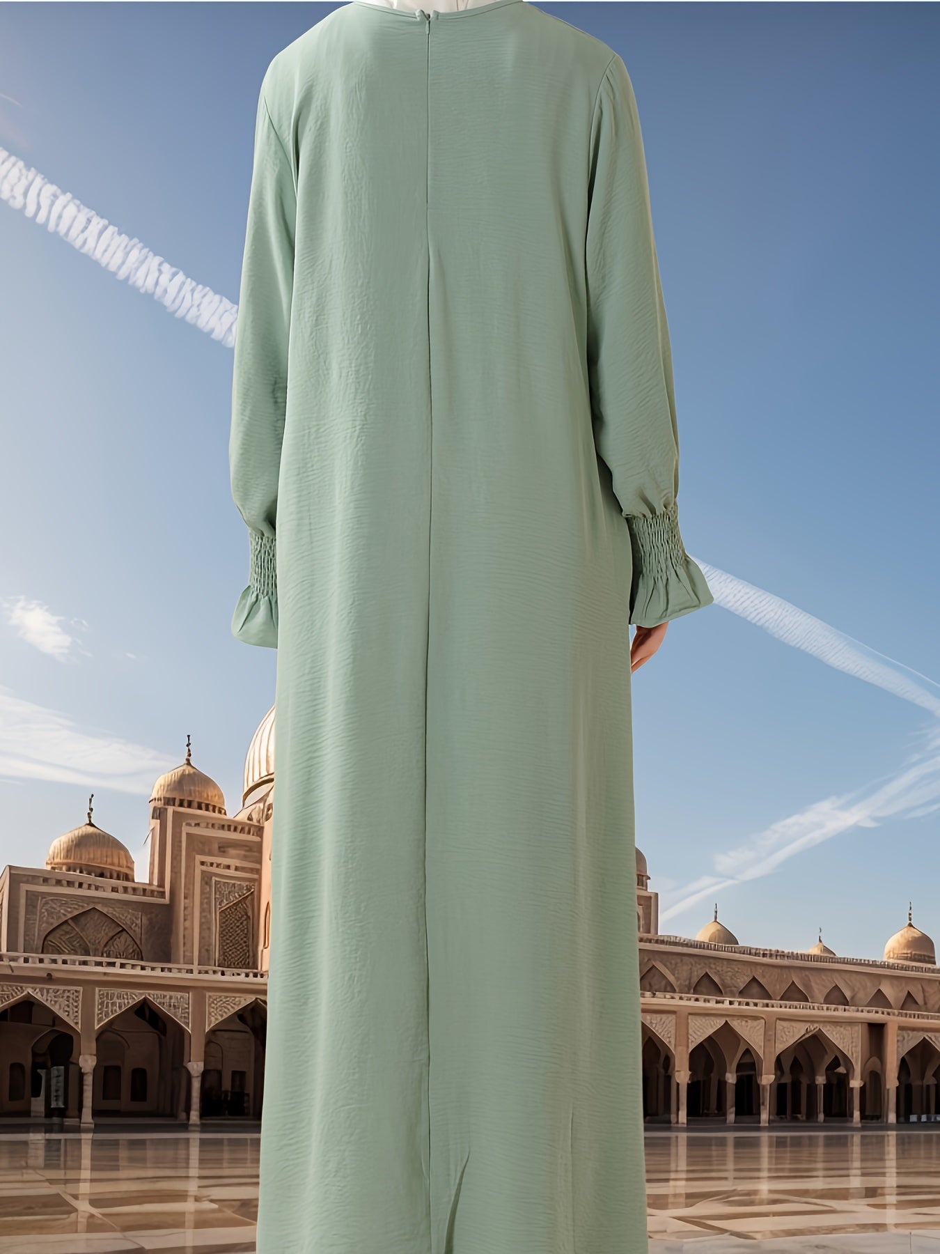 Elegant Long Chiffon Arabic Abaya with Elastic Sleeves - Solid Color, Flowing Design for Muslim Women, Perfect for Ramadan, Eid Al-Fitr, and Eid Al-Adha, Comfortable Spring & Summer Wear