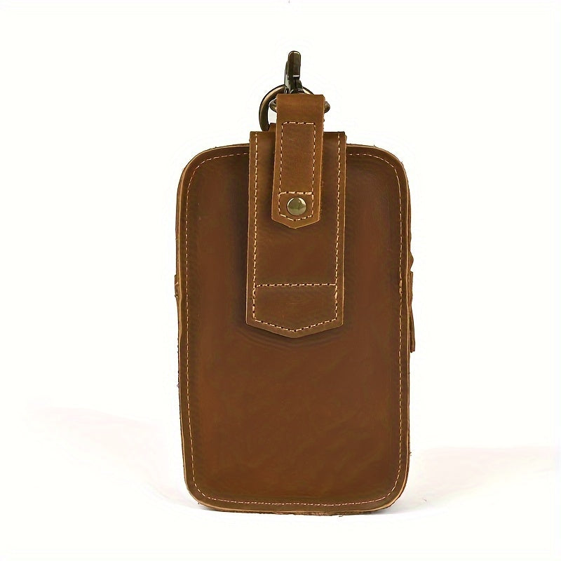 Men's Retro Genuine Leather Belt Bag - Anti-Theft Lightweight Belt Clip with Multiple Zippered Compartments for Phone & Essentials