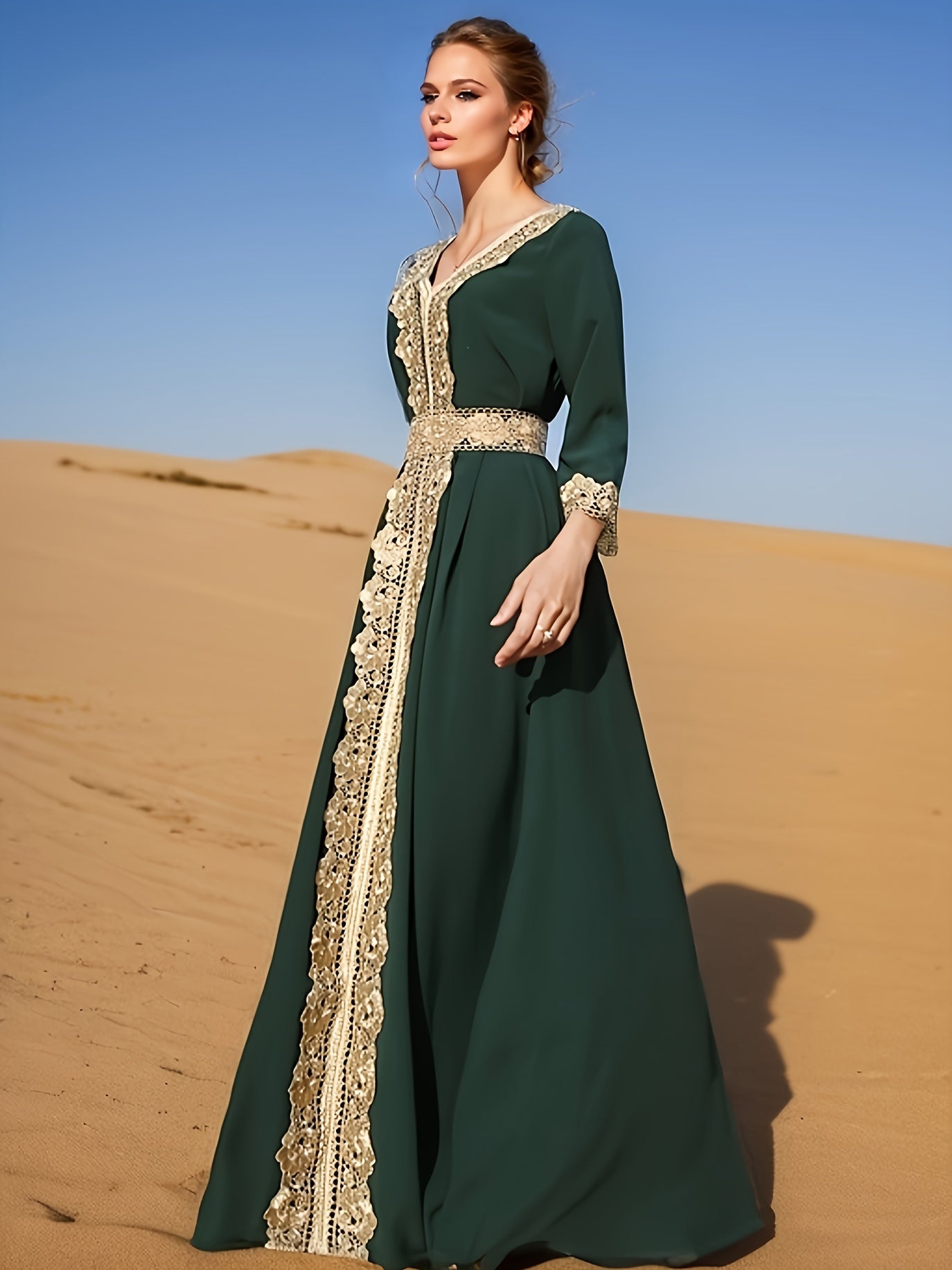 Elegant Golden Contrast Lace Detail Maxi Palestinian Abaya - V-Neck, Long Sleeve, Polyester, Formal or Evening Wear for Women, Formal Occasion Attire | Lace Detailing | Polyester Fabric