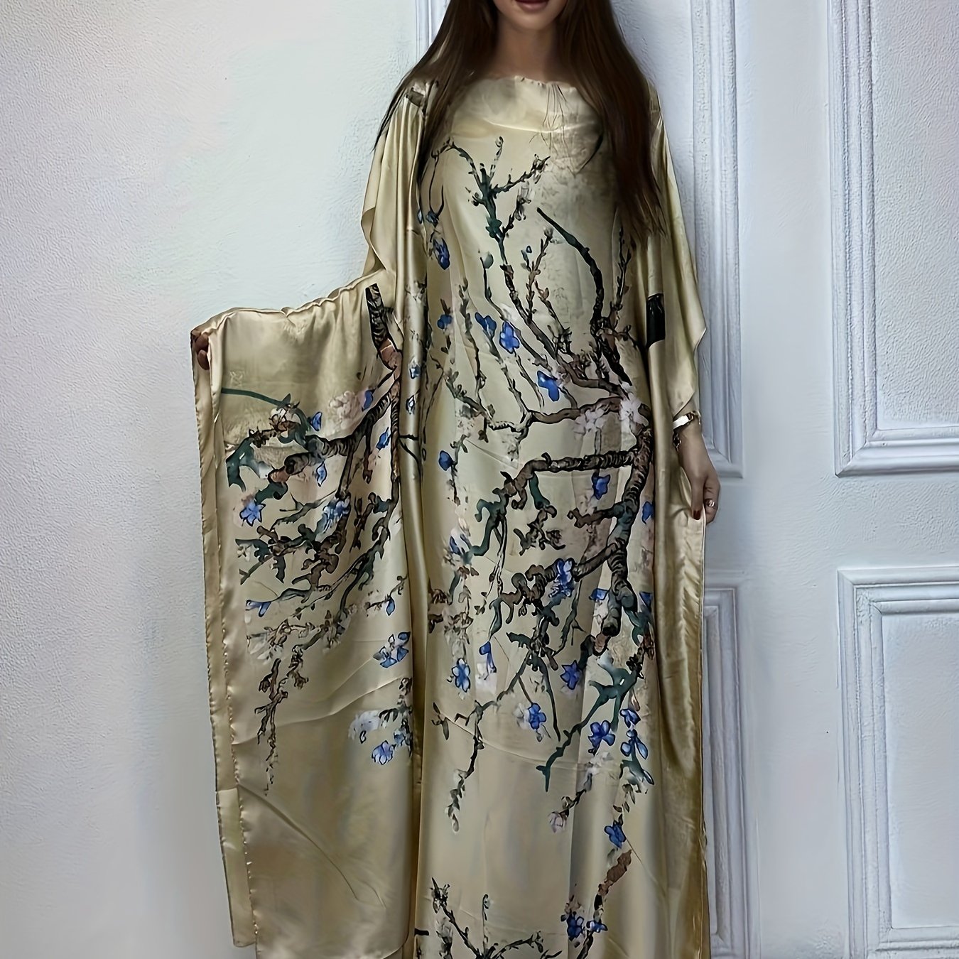 Elegant Floral Print Abaya Set with Batwing Sleeves and Draped Asymmetrical Hem