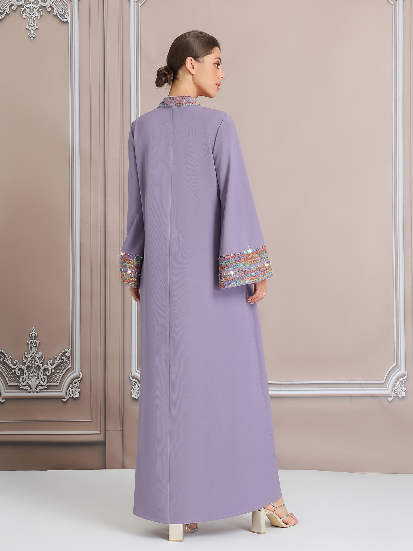Women's Embroidered Long Kaftan Modern Abaya, Polyester 100% Regular Sleeve, All Season, Woven, 260g/m² Fabric Weight, Tribal Pattern, No Belt, Regular Fit