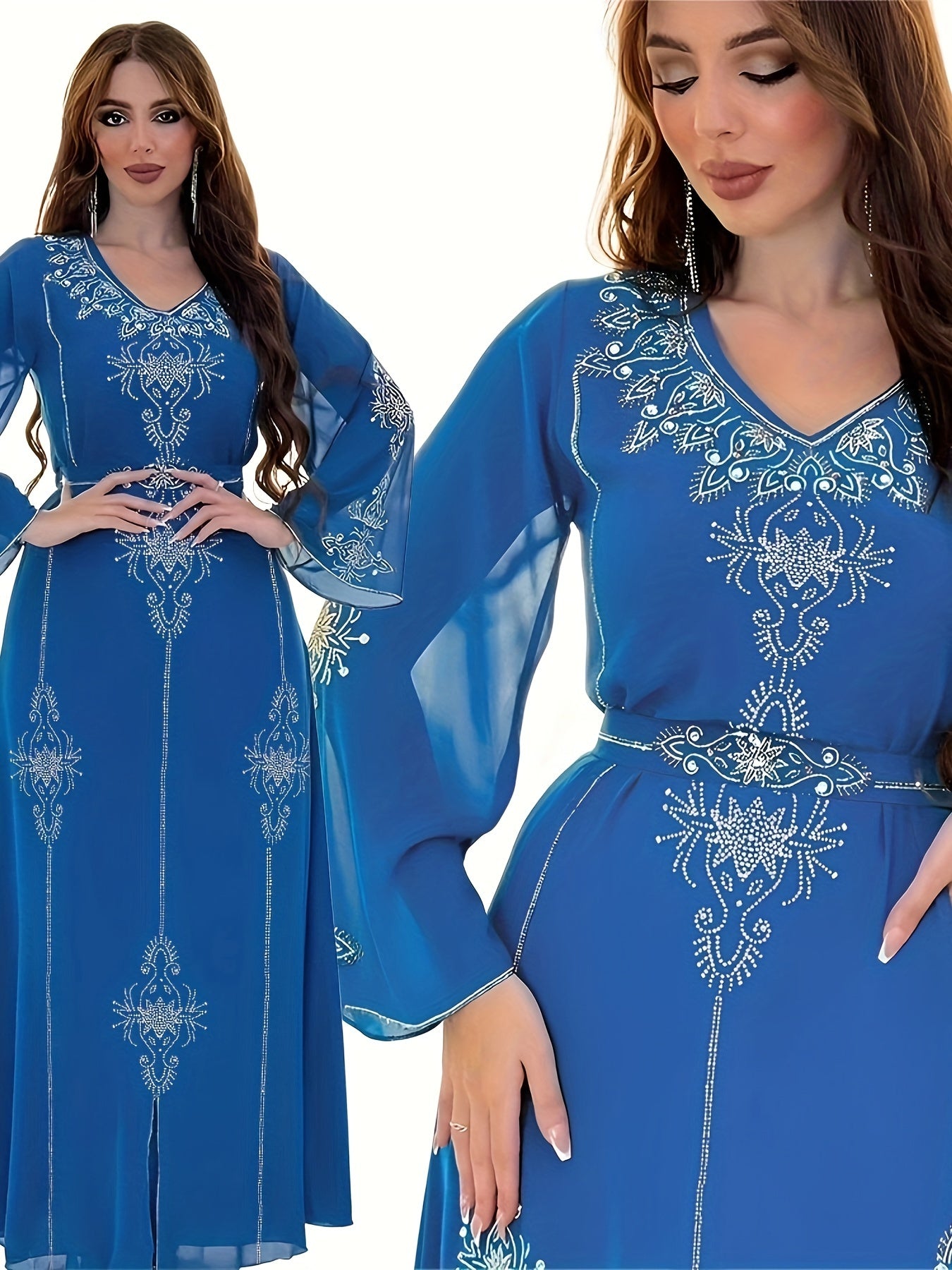 Elegant Rhinestone Embellished Chiffon Dress - Summer Long Robe for Women, Polyester, Machine Washable, Middle Eastern Style Palestinian Abaya