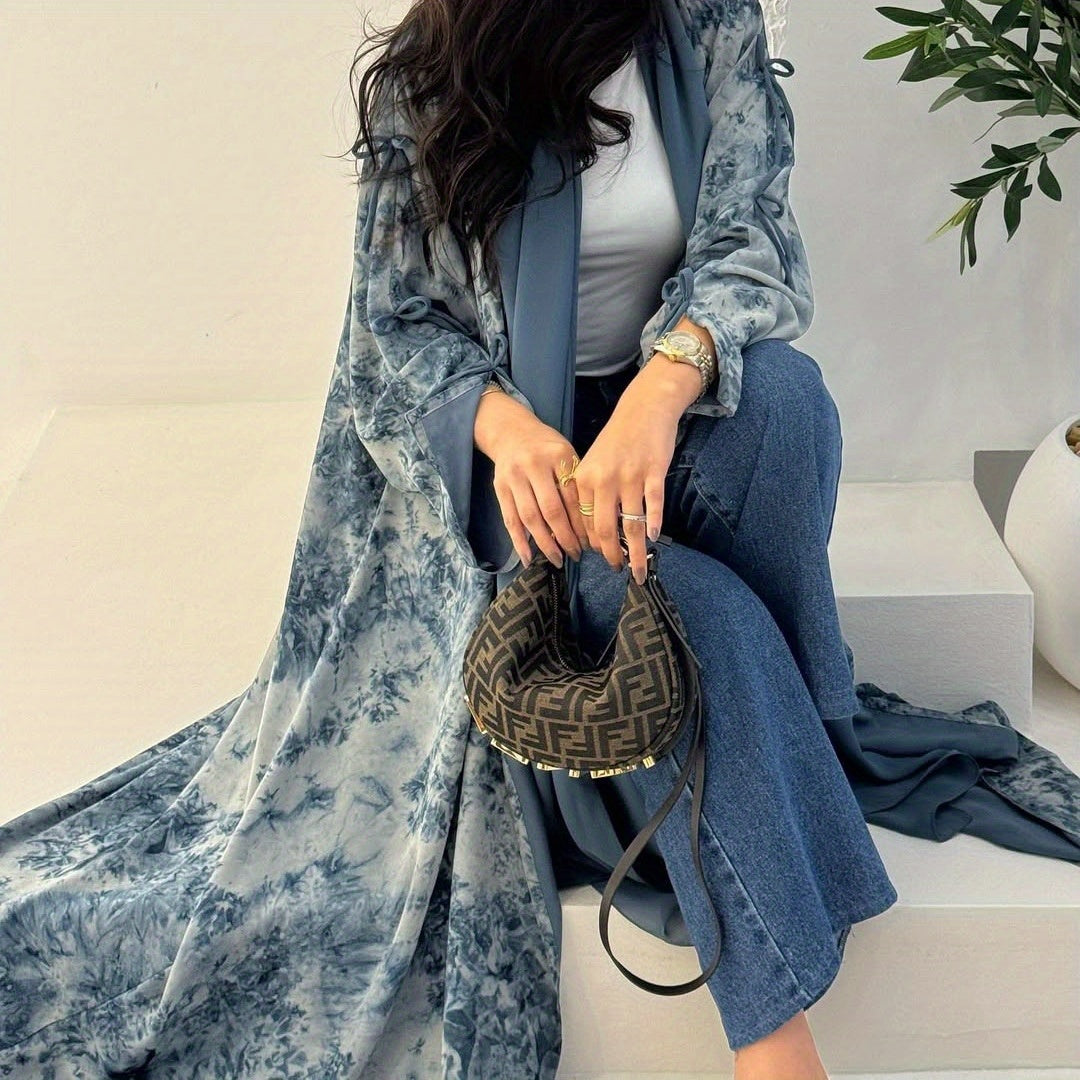 Stylish Women's Muslim Chiffon Print Summer Casual Emirati Abaya with Headscarf
