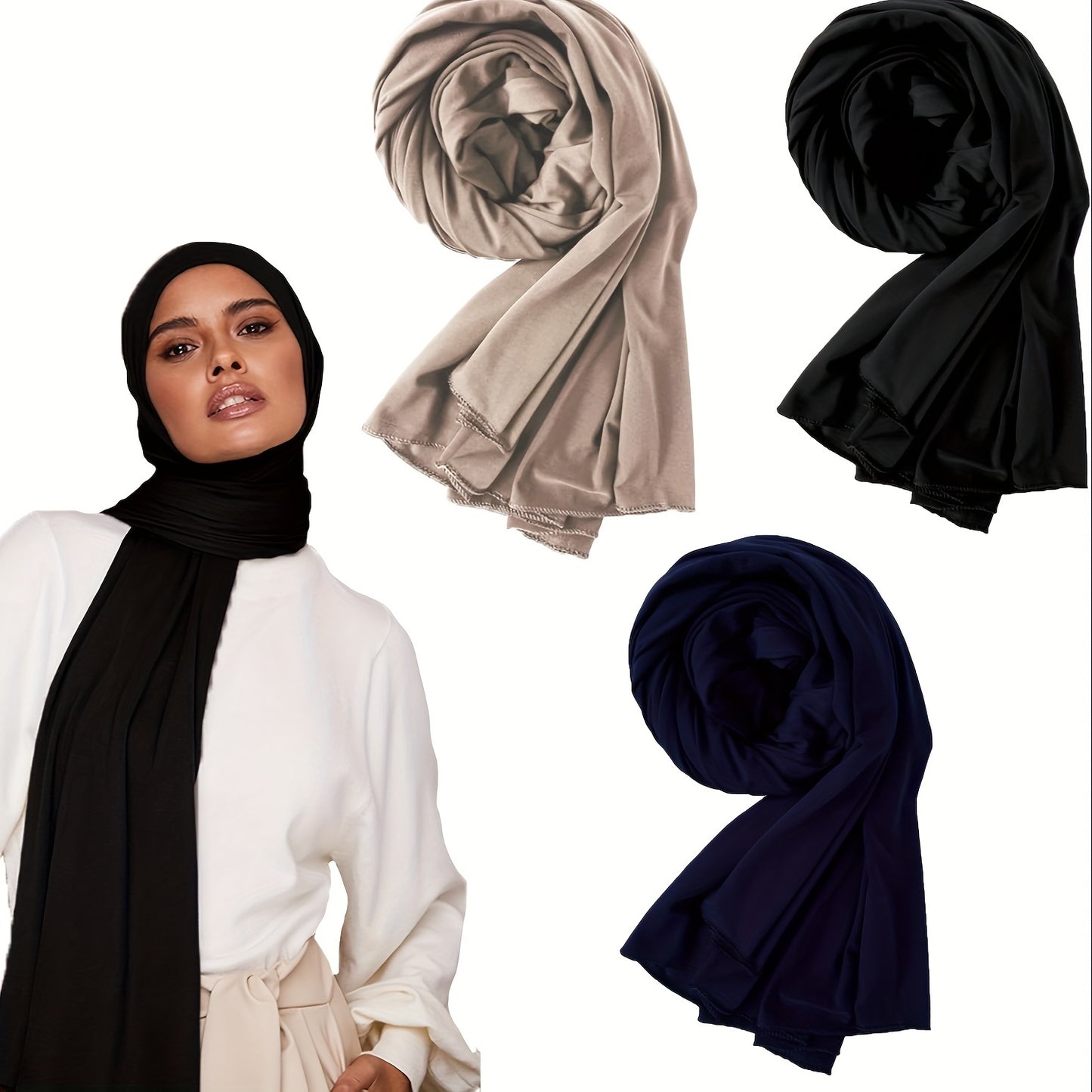 3pcs Women'S Small Size Muslim Bamboo Jersey Hijab Set - Elegant Solid Color Hijab Scarf with Head Cover & Shawl, Soft Breathable Woven Fabric, Non-Stretch Fit for Ramadan, Daily Wear & Special Occasion