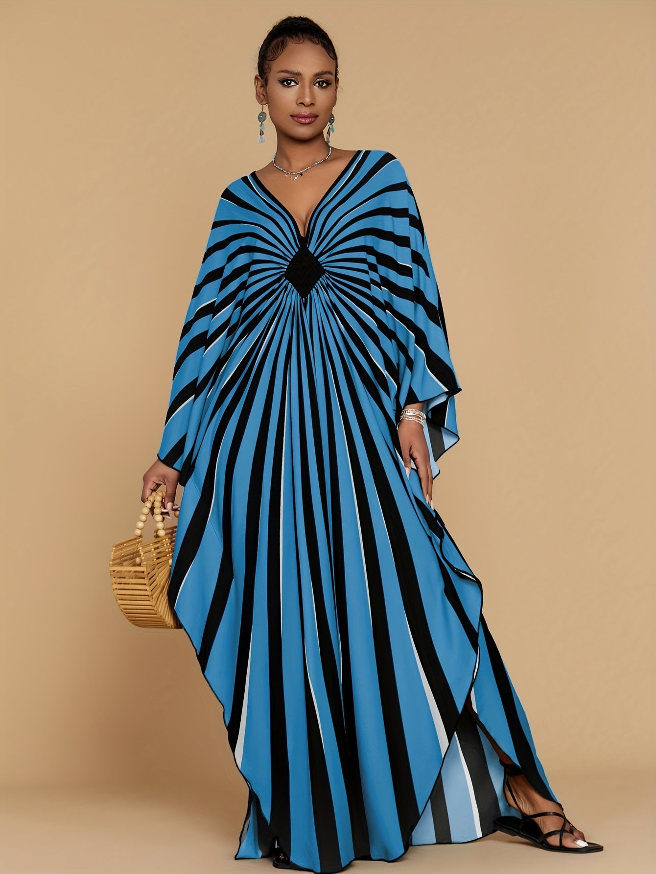 Plus Size - Bohemian Stripe Print Kaftan Dress for Women - V-Neck, Half Sleeve, Long Length, Lightweight Polyester, Perfect for Beach Coverup & Casual Vacation, Plus Size, Spring/Summer/Fall Wear, Beach Dress