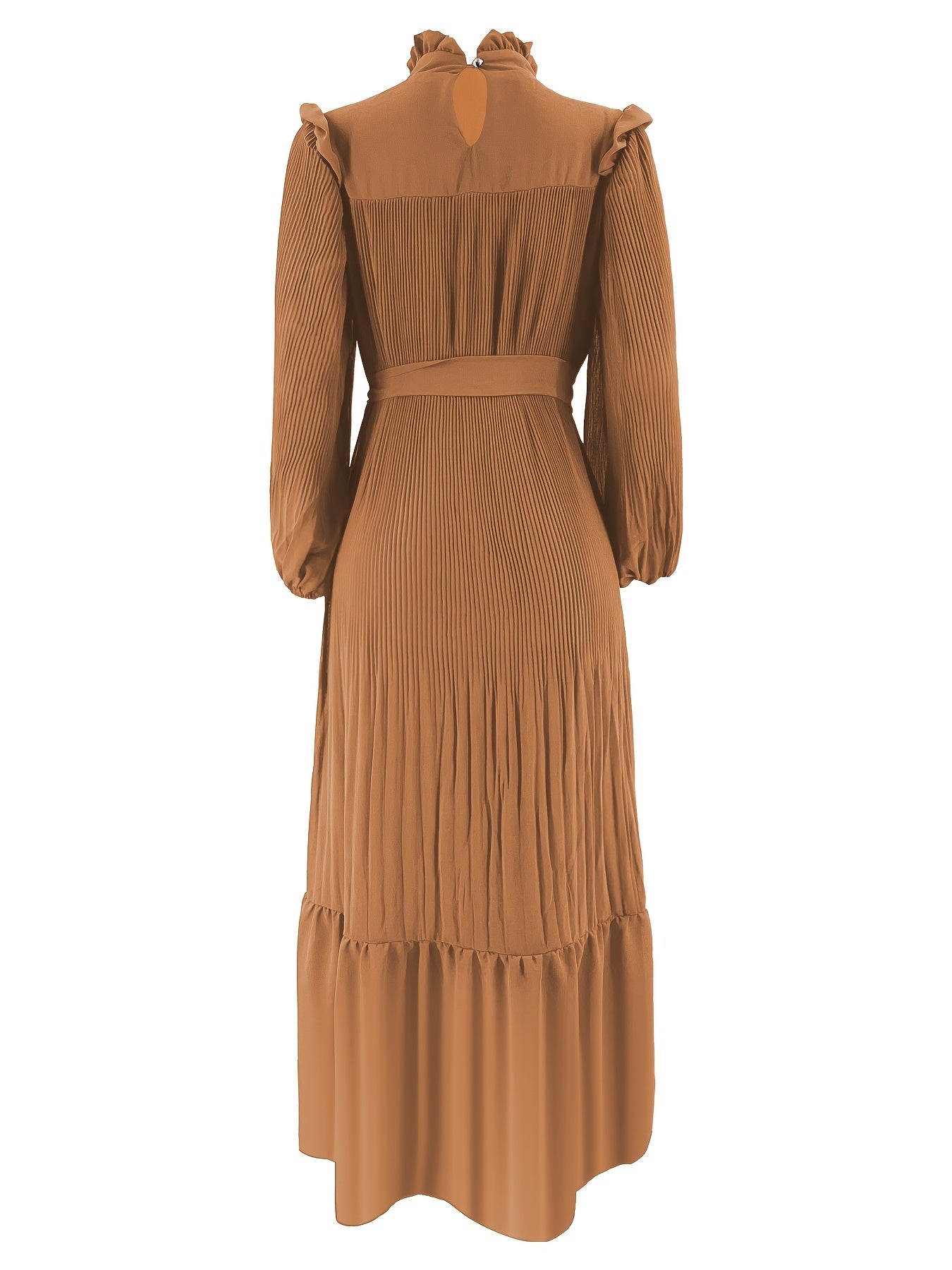 Women's Middle Eastern Muslim Baju Abaya Dress - Modest Long Sleeve Ruffled Hem Solid Color Traditional Dress with Belt, Machine Washable All-Season Casual Wear, Modest Apparel | Soft Texture