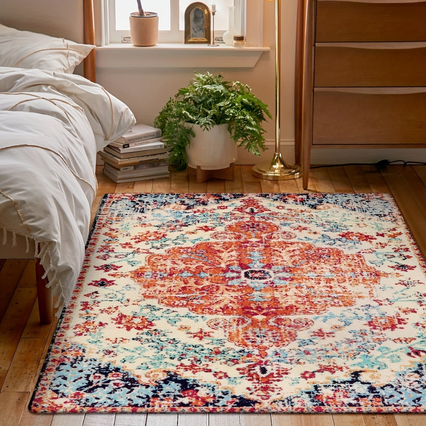 Bohemian Floral Medallion Area Rug - Oriental Distressed Bedroom Carpet Country Vintage Faux Wool Indoor Throw Mat Non-Slip Washable Low-Pile Carpet For Bathroom Living Kitchen Laundry Room