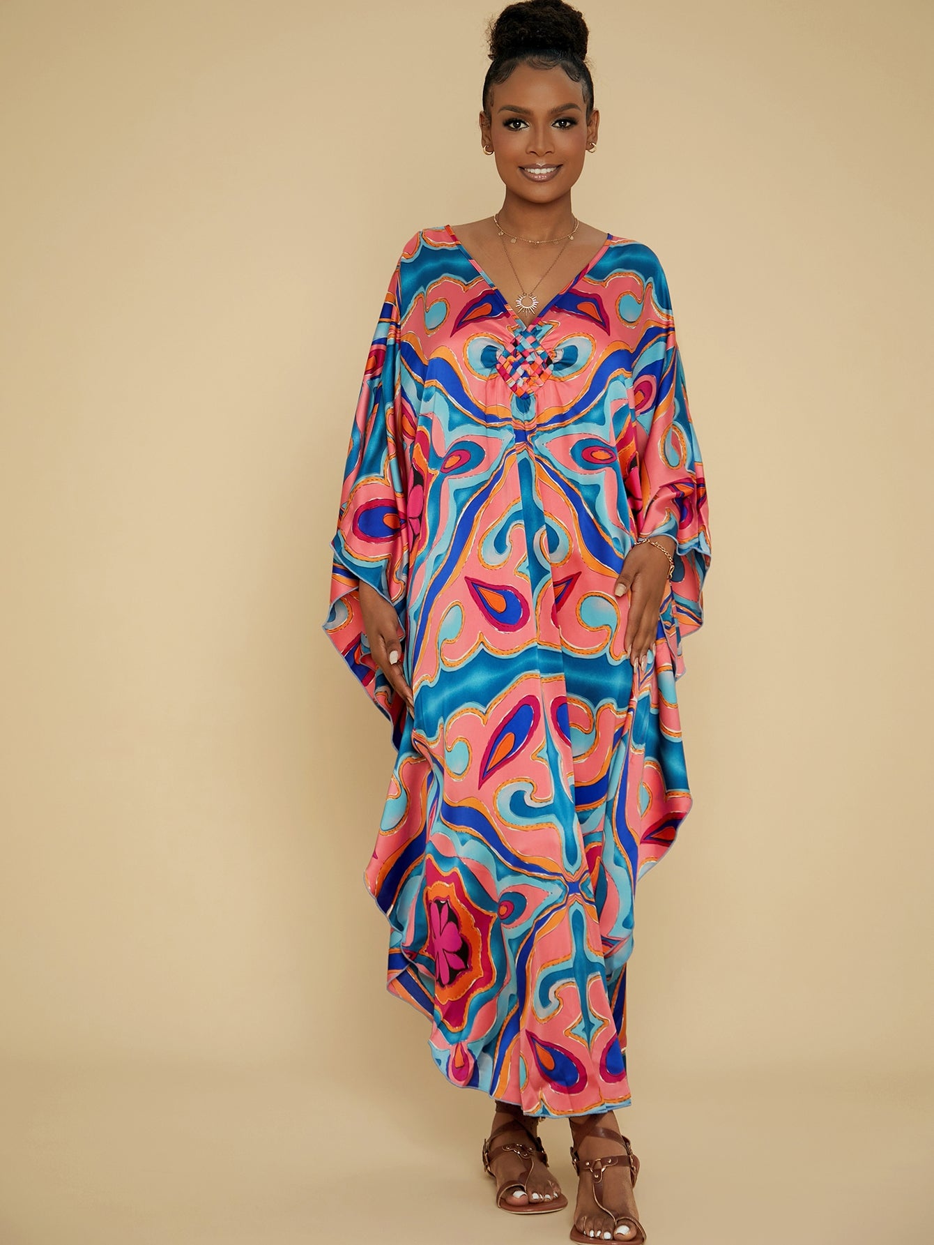 Kaftan Dresses for Women Colorful Stripe Print Crew Neck Beach Cover up Kaftan Robe Casual Home Vacation Bat Sleeve Large Size Swimwear Cover Up Side Split Dress Long Kaftan