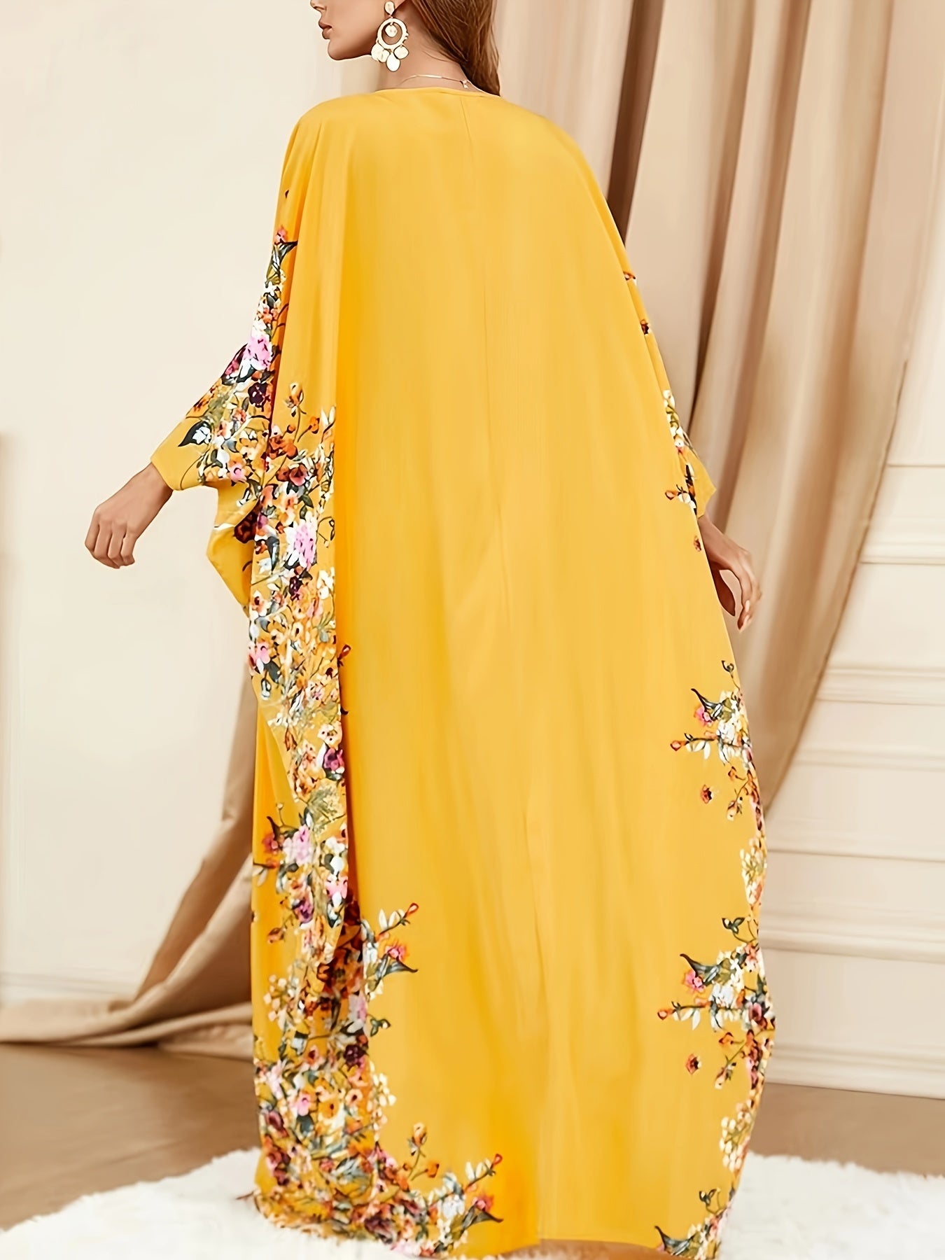 Floral Print Crew Neck Kaftan Abaya, Elegant Batwing Sleeve Split Maxi Dress, Women's Clothing