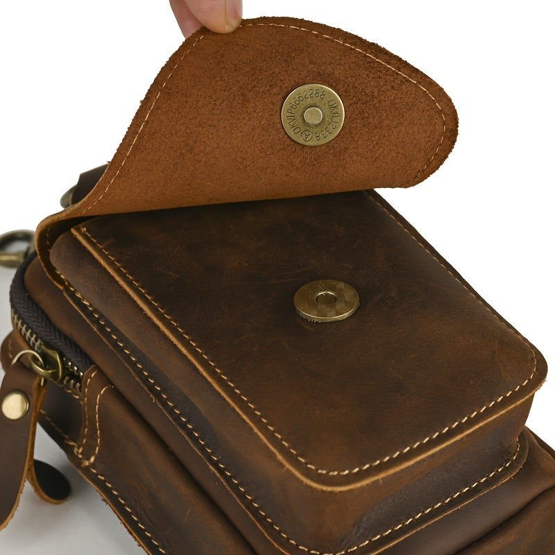 Men's Retro Genuine Leather Belt Bag - Anti-Theft Lightweight Belt Clip with Multiple Zippered Compartments for Phone & Essentials