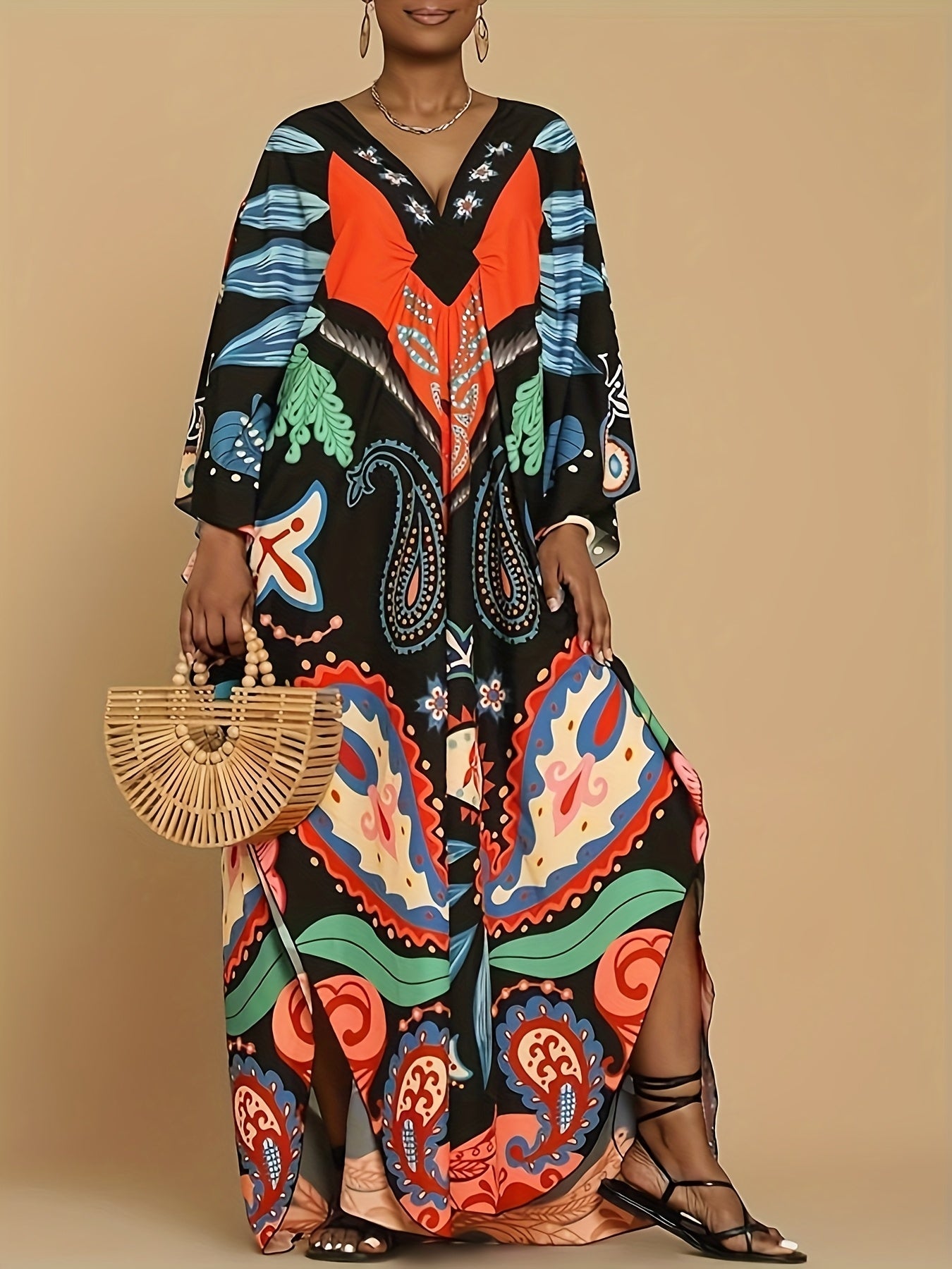 Plus Size Women's Elegant Butterfly Print Abaya Dress - Long Sleeve Loose Fit Turkish Beach Cover Up, Mid-Length H-Line Swimsuit Coverup with Slit Details, Hand Washable for Poolside & Festive Occasions, Bathing Suit Cover