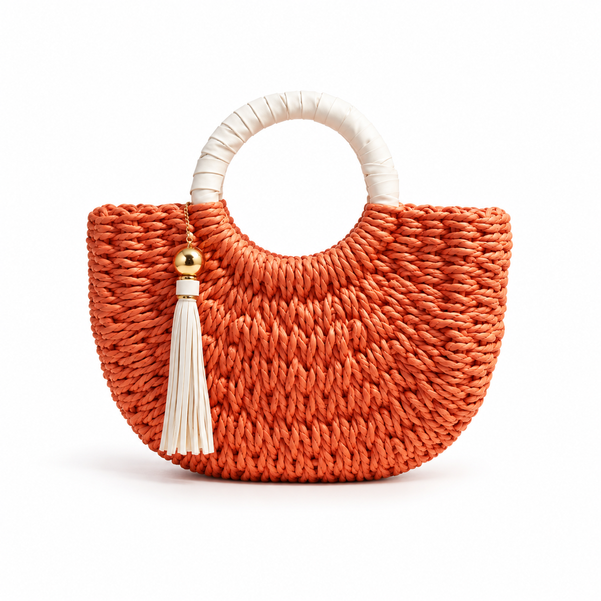 Coral Woven Raffia Tassel Handle Handbag