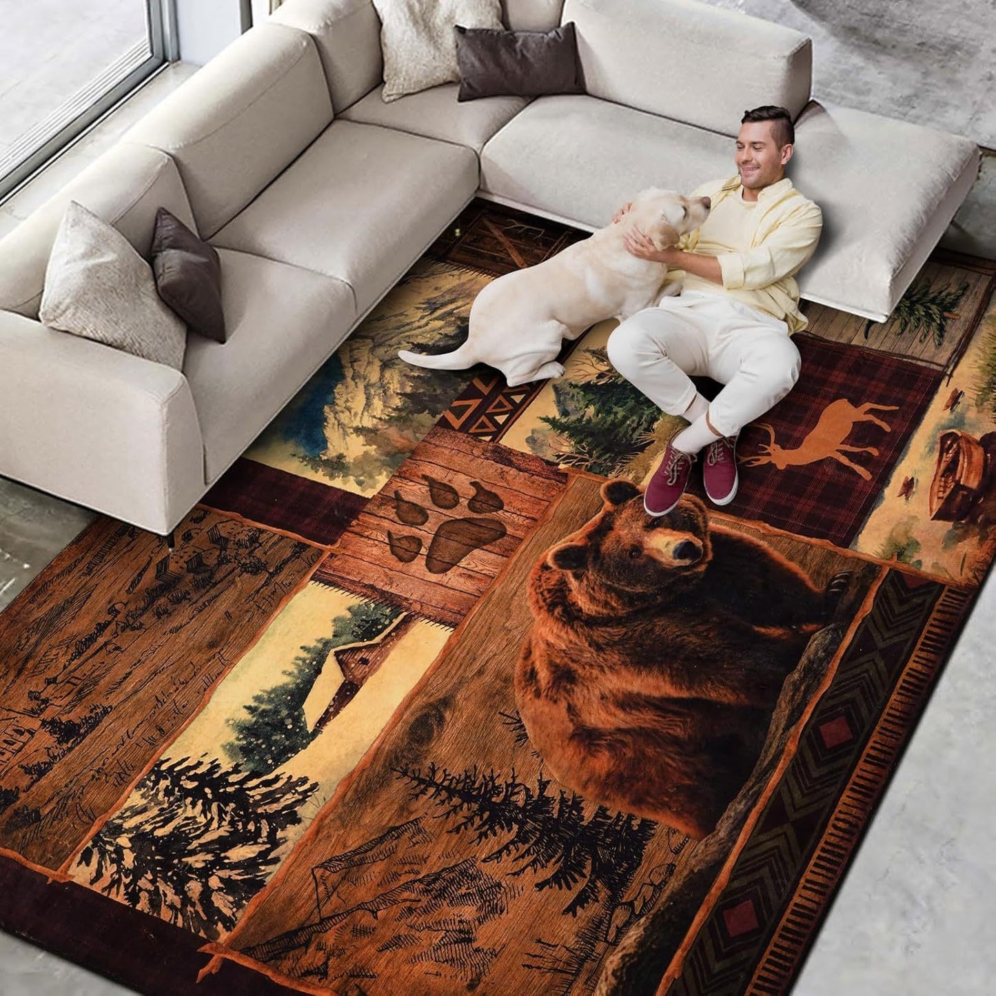 small house bear moose throwing carpet, area carpet in farmhouse style, used for living room and bedroom entrances, non slip washable soft brown floor carpet, retro rural wildlife home decoration area carpet