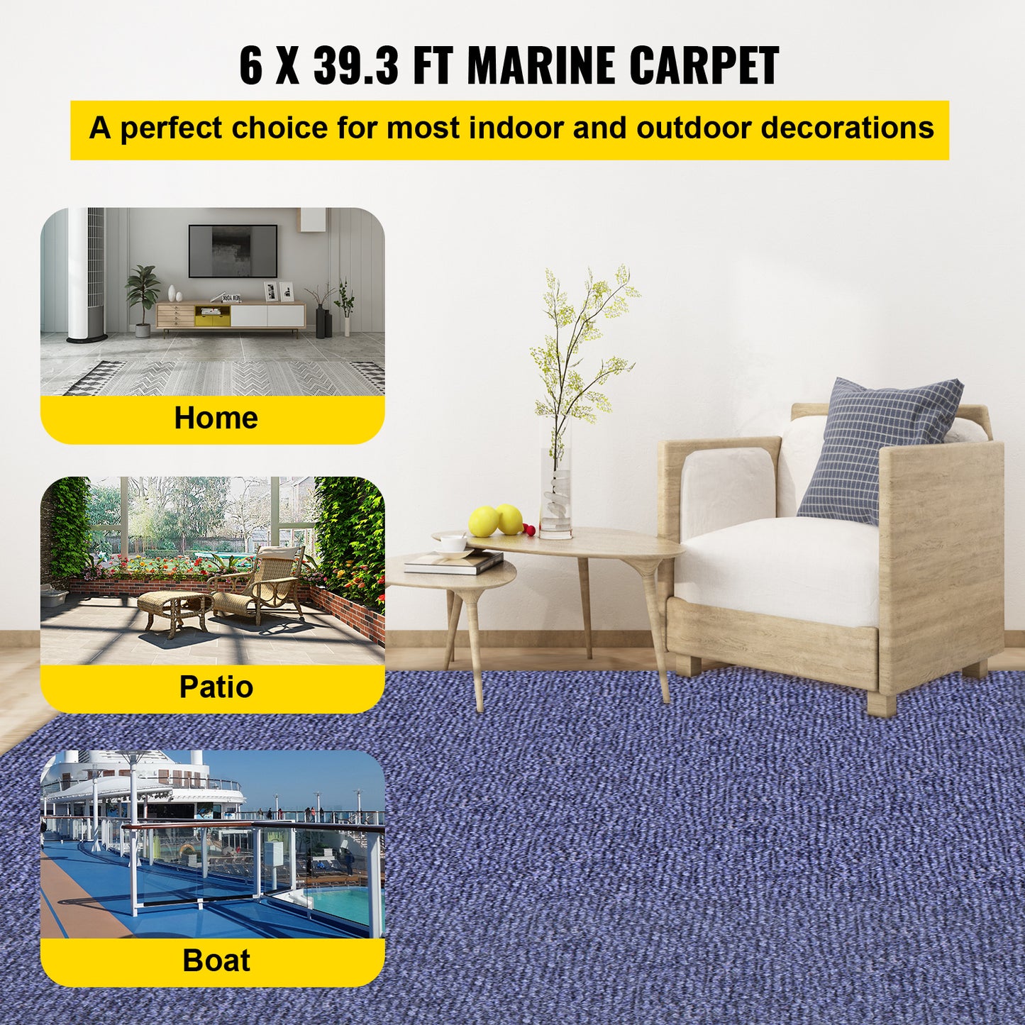 Deep Blue Marine Carpet 6 ft x 39.3 ft, Boat Carpet Rugs, Indoor Outdoor Medium Rugs for Patio Deck Non-Slide TPR Water-Proof Back Outdoor Marine Carpeting Outdoor Carpet