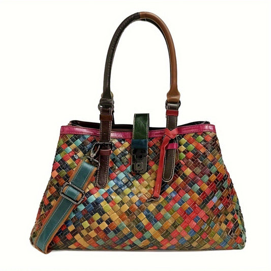 Ladies Colorful Woven Crossbody Bag, Ethnic Style Genuine Leather Women's Bag, Cowhide Colored Retro Casual Women'S Single Shoulder Hand-Held Crossbody Bag