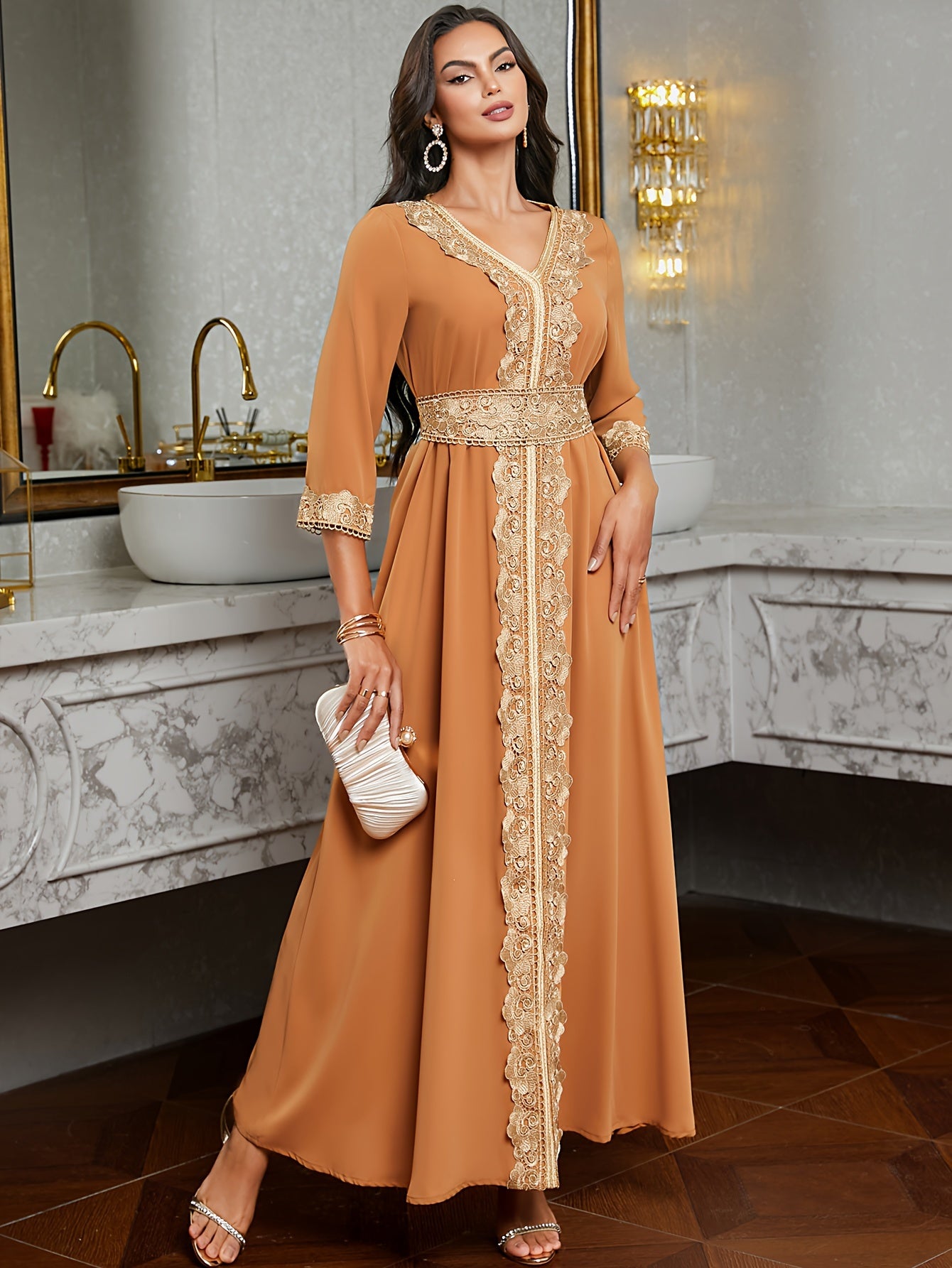 Elegant Golden Contrast Lace Detail Maxi Palestinian Abaya - V-Neck, Long Sleeve, Polyester, Formal or Evening Wear for Women, Formal Occasion Attire | Lace Detailing | Polyester Fabric