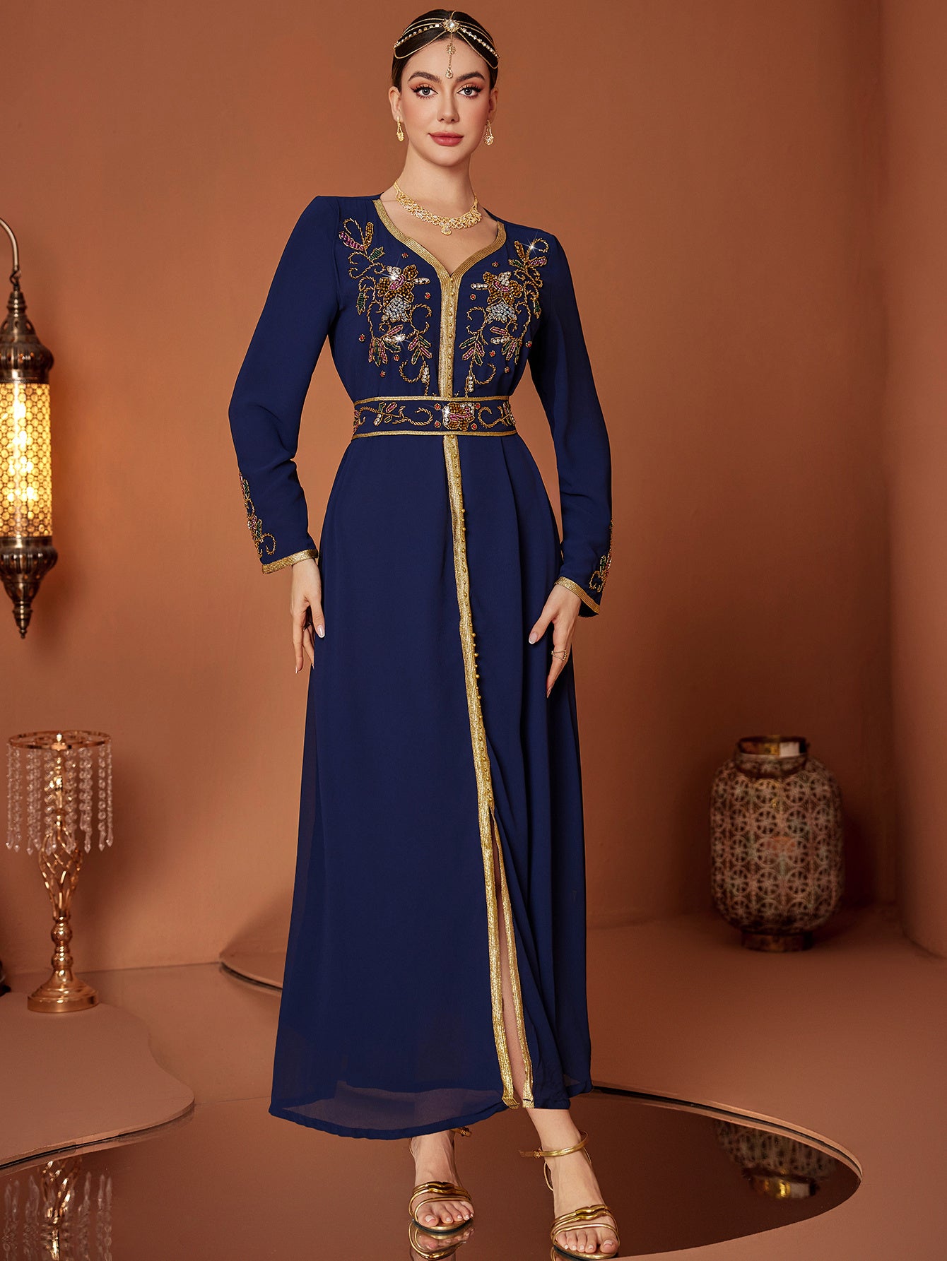 Elegant Navy Blue Embroidered Abaya Dress with Golden Accents and Belt - Long Sleeve, V-Neck, Polyester, Perfect for Spring/Summer, Women's Fashion, Elegant Event Attire|Vneck Dress|Polyester Fabric