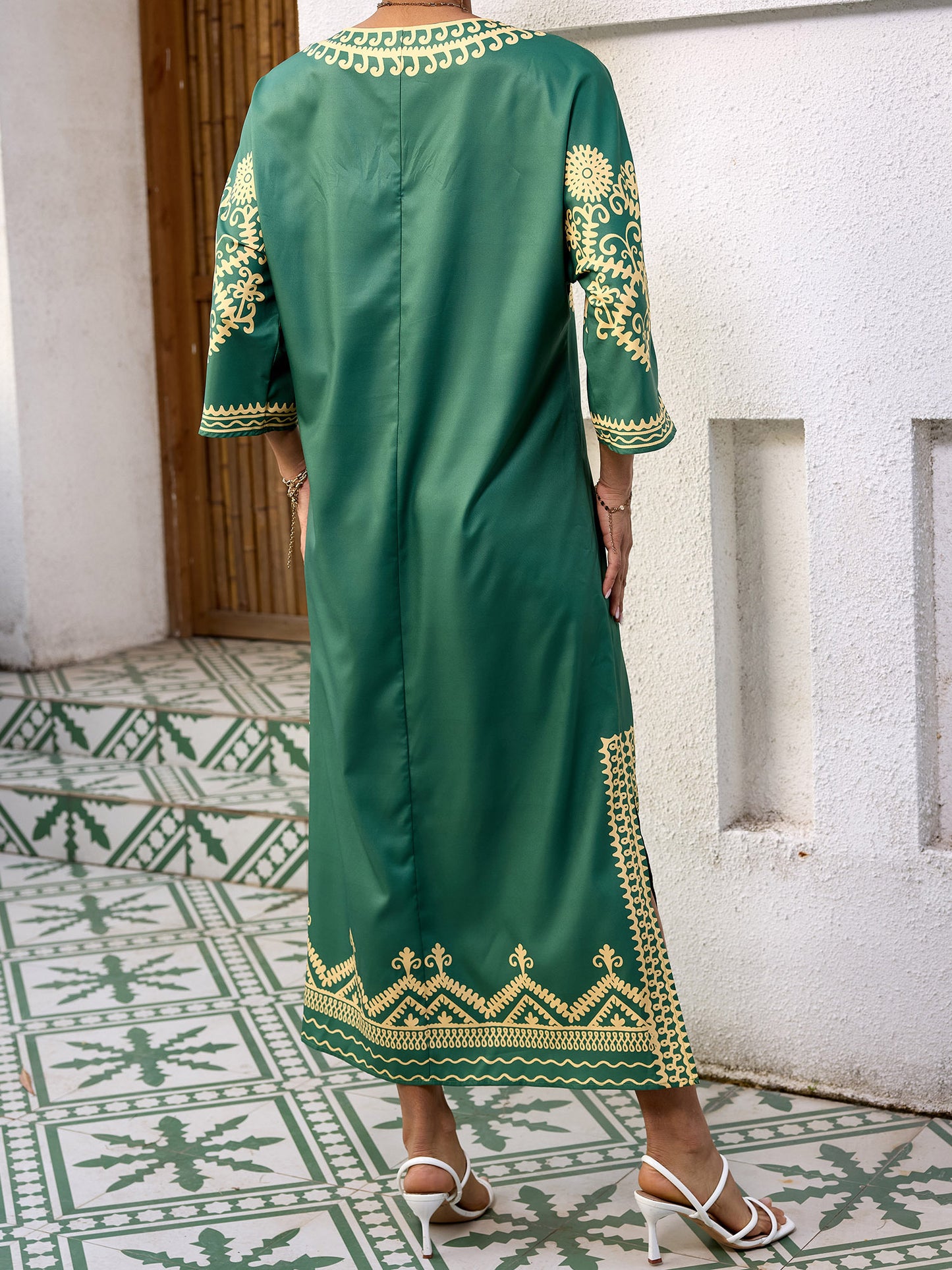 Ramadan Dress 3/4 Sleeve V-Neck Loose Long Dress Retro Print Arab Robe Kaftan Gowns