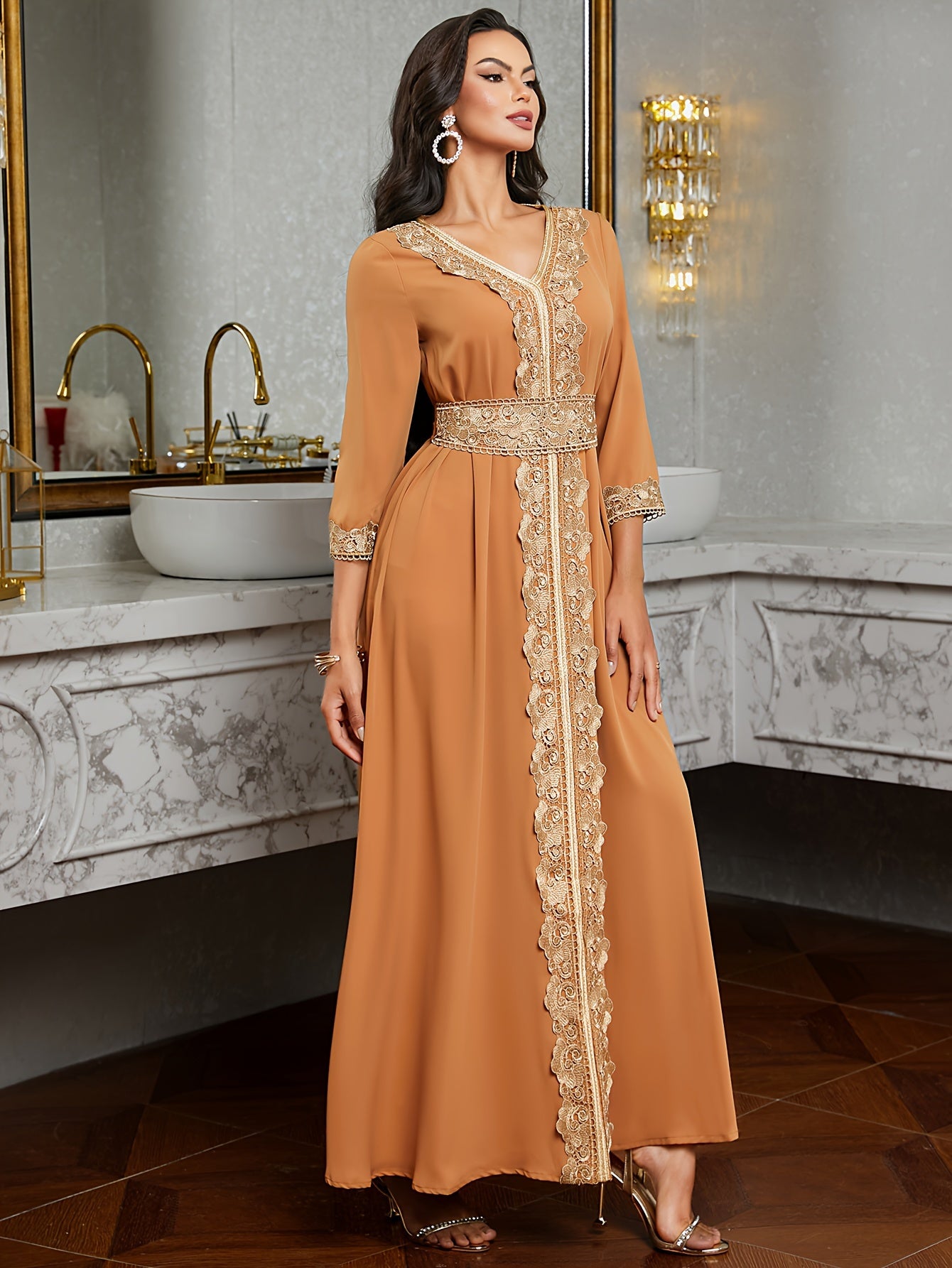 Elegant Golden Contrast Lace Detail Maxi Palestinian Abaya - V-Neck, Long Sleeve, Polyester, Formal or Evening Wear for Women, Formal Occasion Attire | Lace Detailing | Polyester Fabric