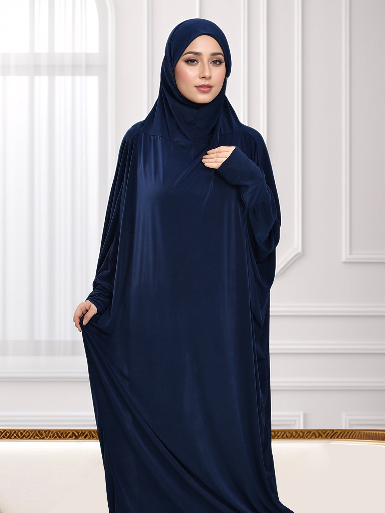 Muslim Women's Elegant Navy Blue Arab Abaya Burqa with Large Headscarf - Full-Body Coverage Long Sleeve Islamic Dress for Ramadan, Eid al-Fitr & Daily Wear - Modest Traditional Clothing