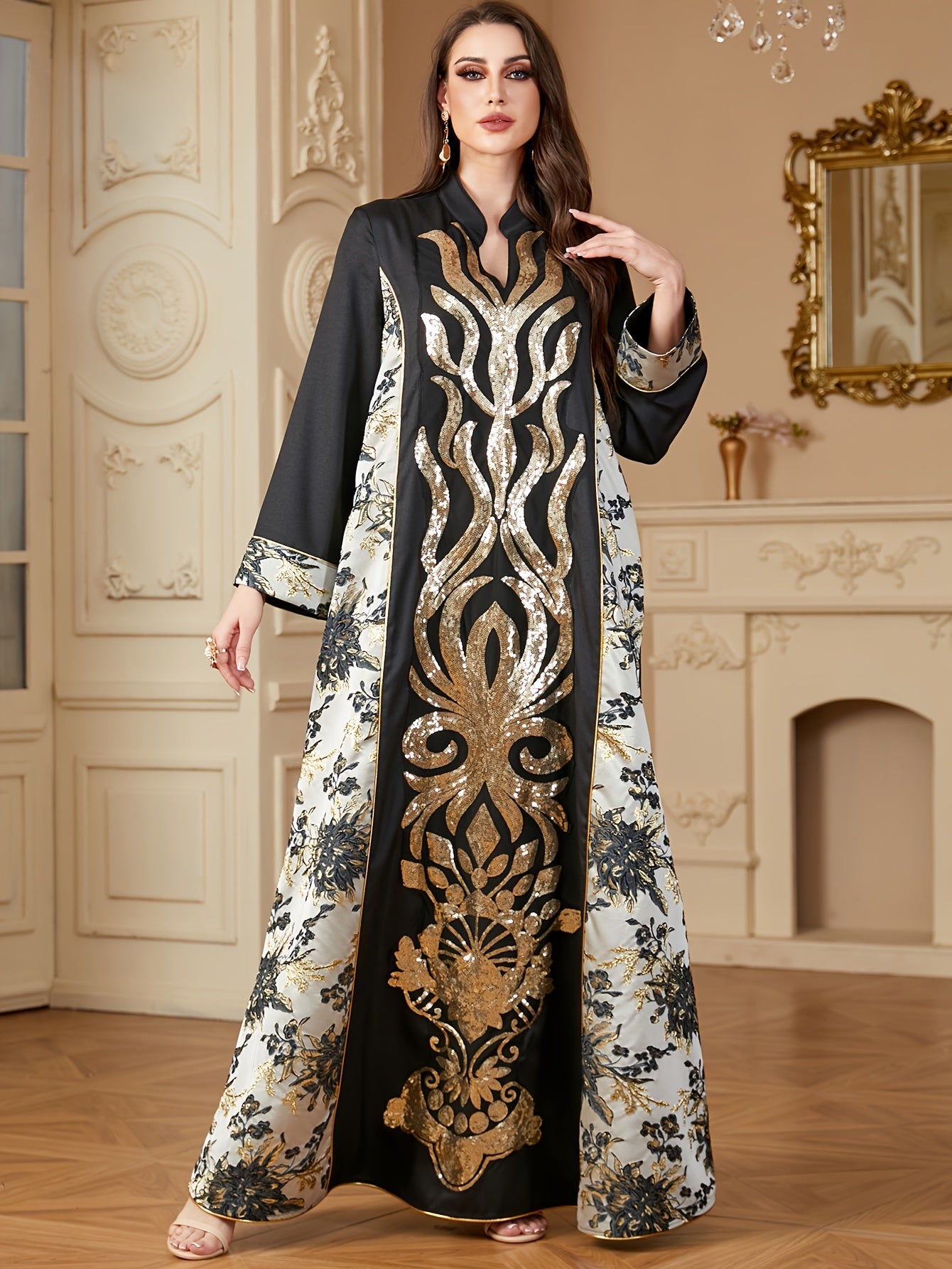 Polyester Long Sleeve A-Line Modern Abaya, Color Block Pattern, Contrast Sequin Design, Non-Stretch Fabric, Woven, 130g/m², with Asymmetrical Hem, for Muslim Women