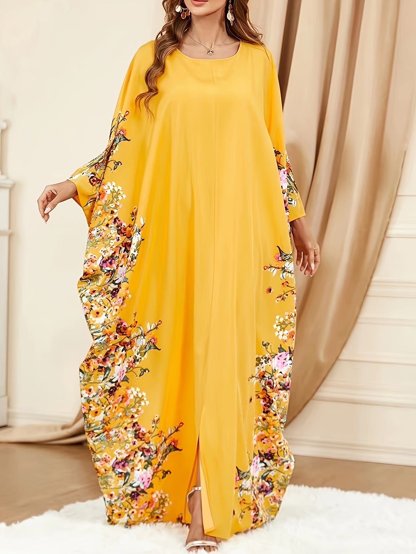 Floral Print Crew Neck Kaftan Abaya, Elegant Batwing Sleeve Split Maxi Dress, Women's Clothing
