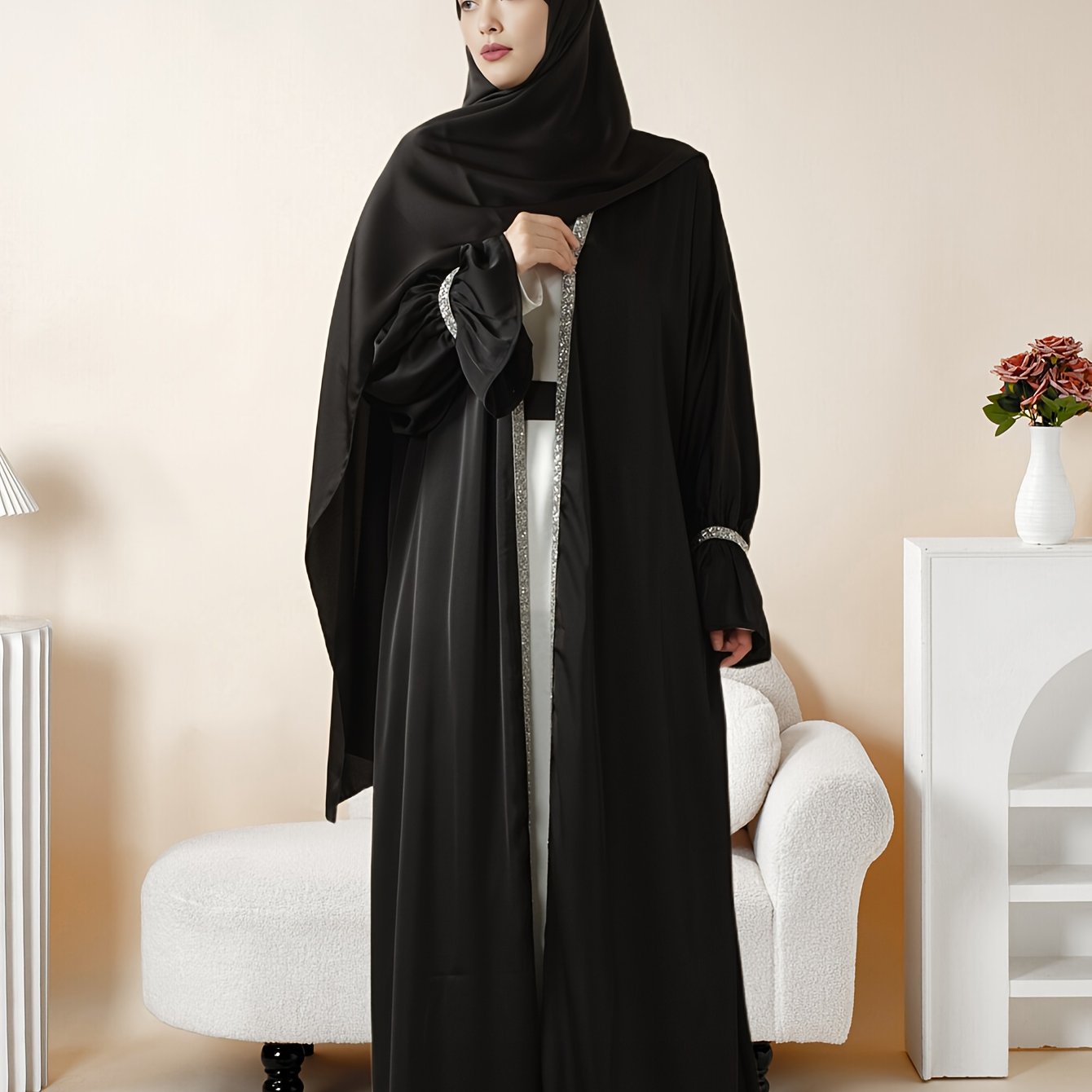 4pcs Set: Poet Sleeve Satin Abaya Eid al-Adha Abaya Muslim Women's Ramadan, Eid al-Fitr, Eid al-Adha, Mawlid, Prayer dress gown robe outfit long robe outfit comfortable soft breathable