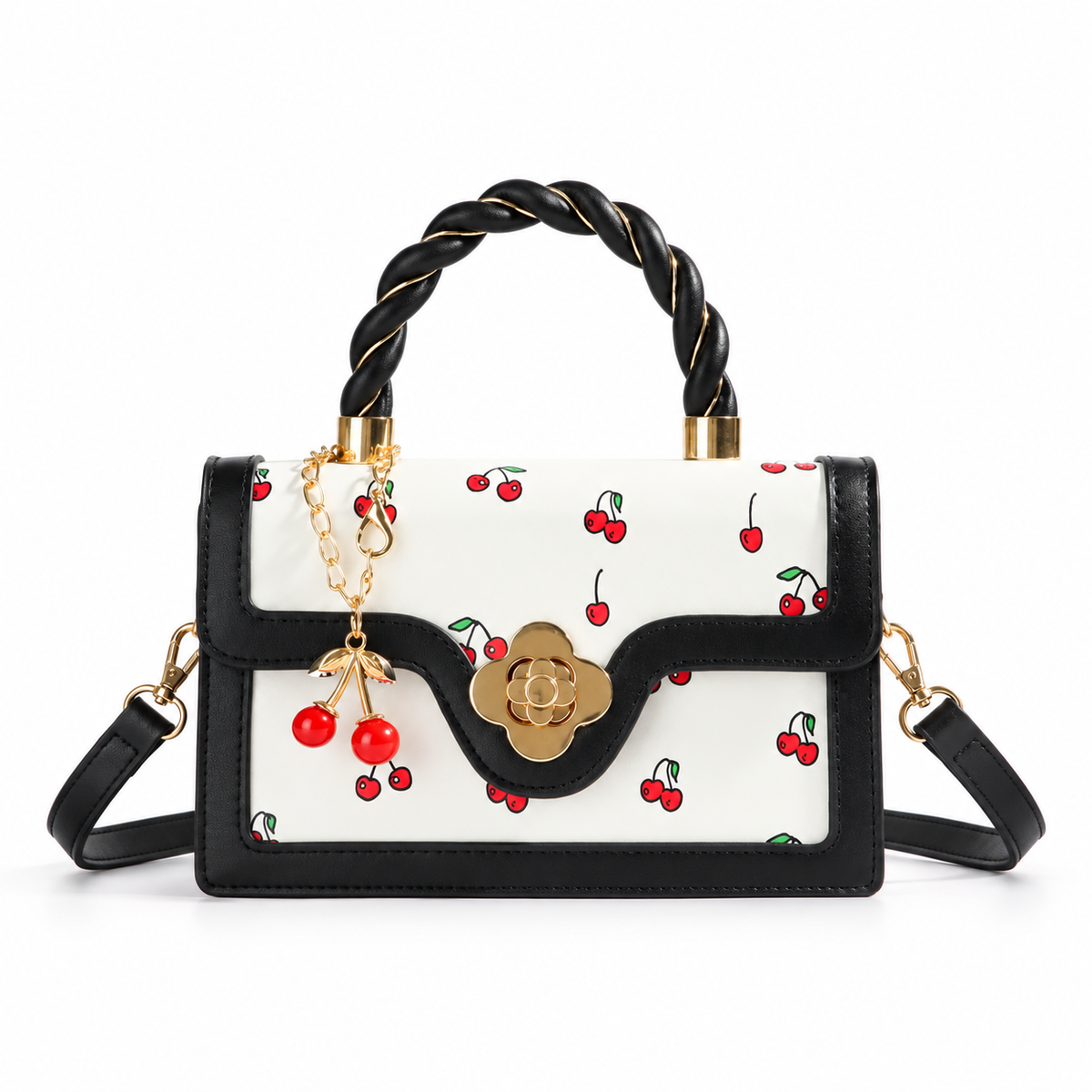 Cherry Print Twisted Handle Crossbody Bag