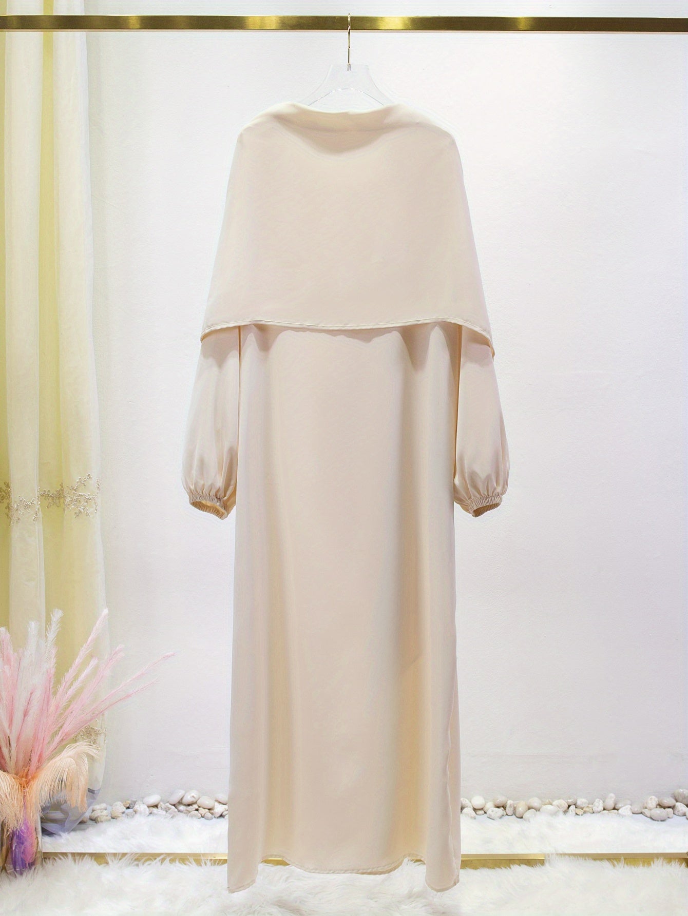 Elegant Islamic Hijab Dress for Women - Kaftan Style with Headscarf, Modest Middle Eastern Long Skirt Jibab Abaya, Loose Fit H-Silhouette, Long Sleeve Asymmetrical Hem, Solid Color Beige, Machine Washable for Ramadan Prayer & All Occasio