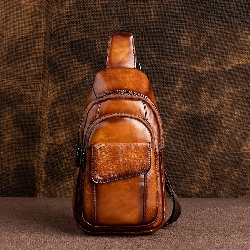 The First Layer Of Cowhide Men's Bag, Leather Men's Sling Bag, Cross-shoulder Back, Multi-layer, Multi-functional, Personalized Retro Men's Bag