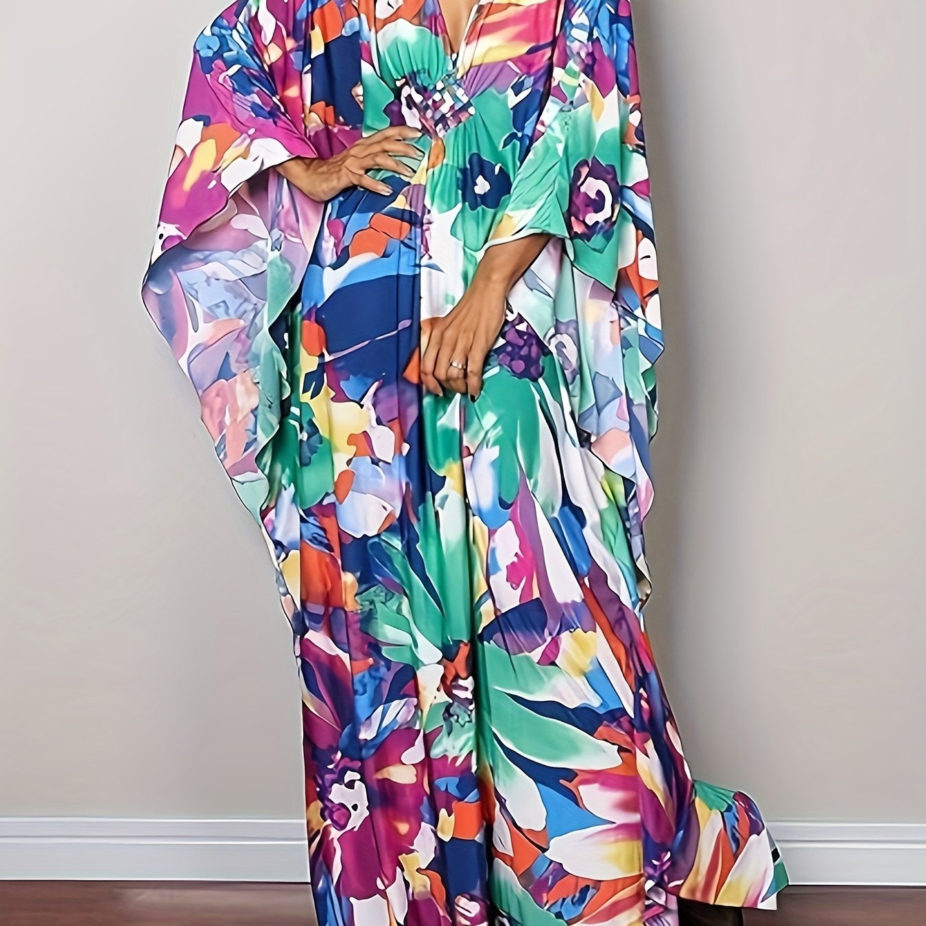 Women Ethnic Print Kaftan Beach Dress Plus Size Swimsuit Cover Up