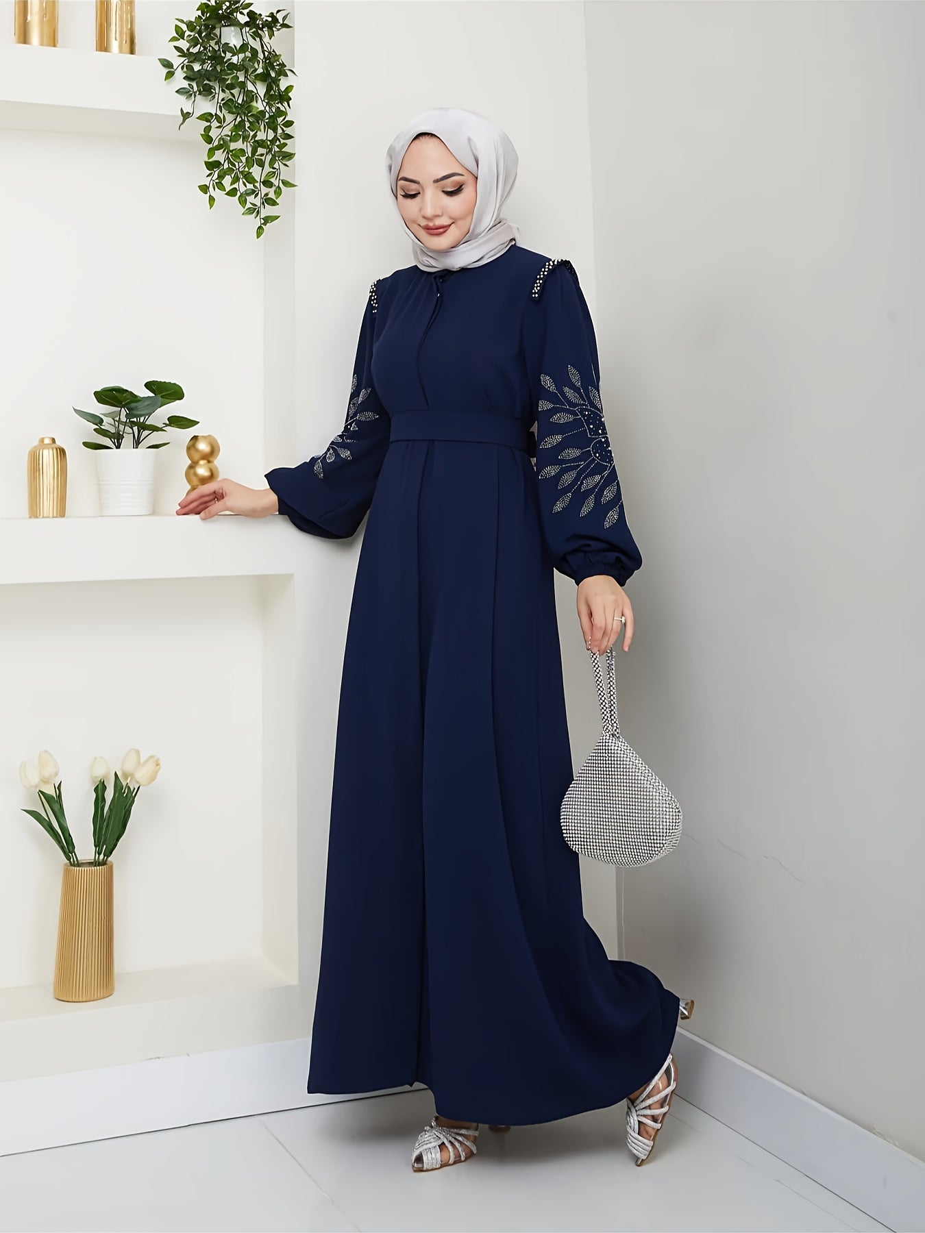 Elegant Middle Eastern-Inspired Rhinestone & Pearl Embellished Long Palestinian Abaya Dress - 100% Polyester Solid Black Floor-Length with Belt, Hand Wash Only for Modest Women