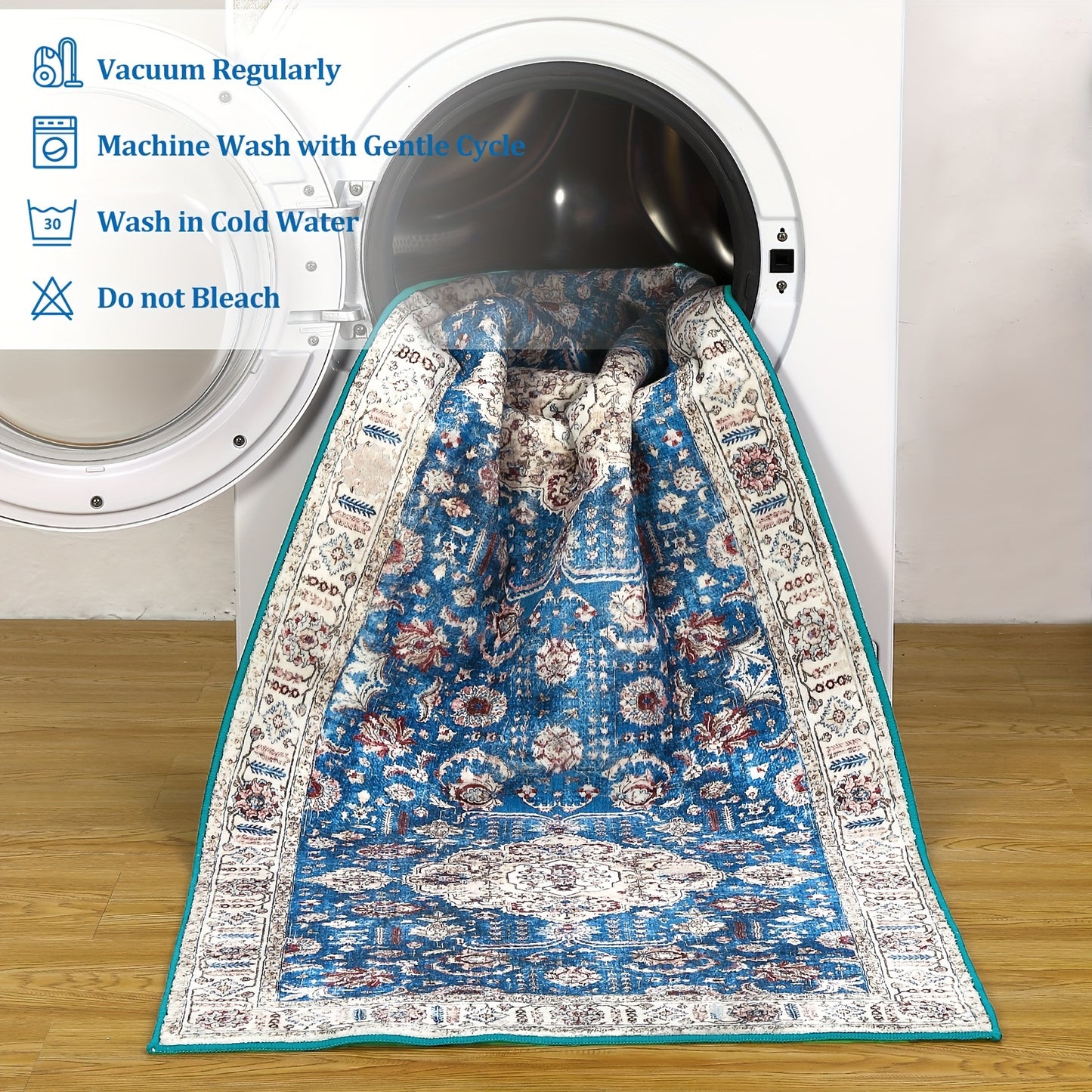 Machine Washable Runner Rug Boho Vintage Rug Non Slip Carpet For Bedroom Hallway Laundry Kitchen, Stain Resistant Dining Room Rugs Floral Oriental Entryway Rug Soft Living Room Rug, Blue